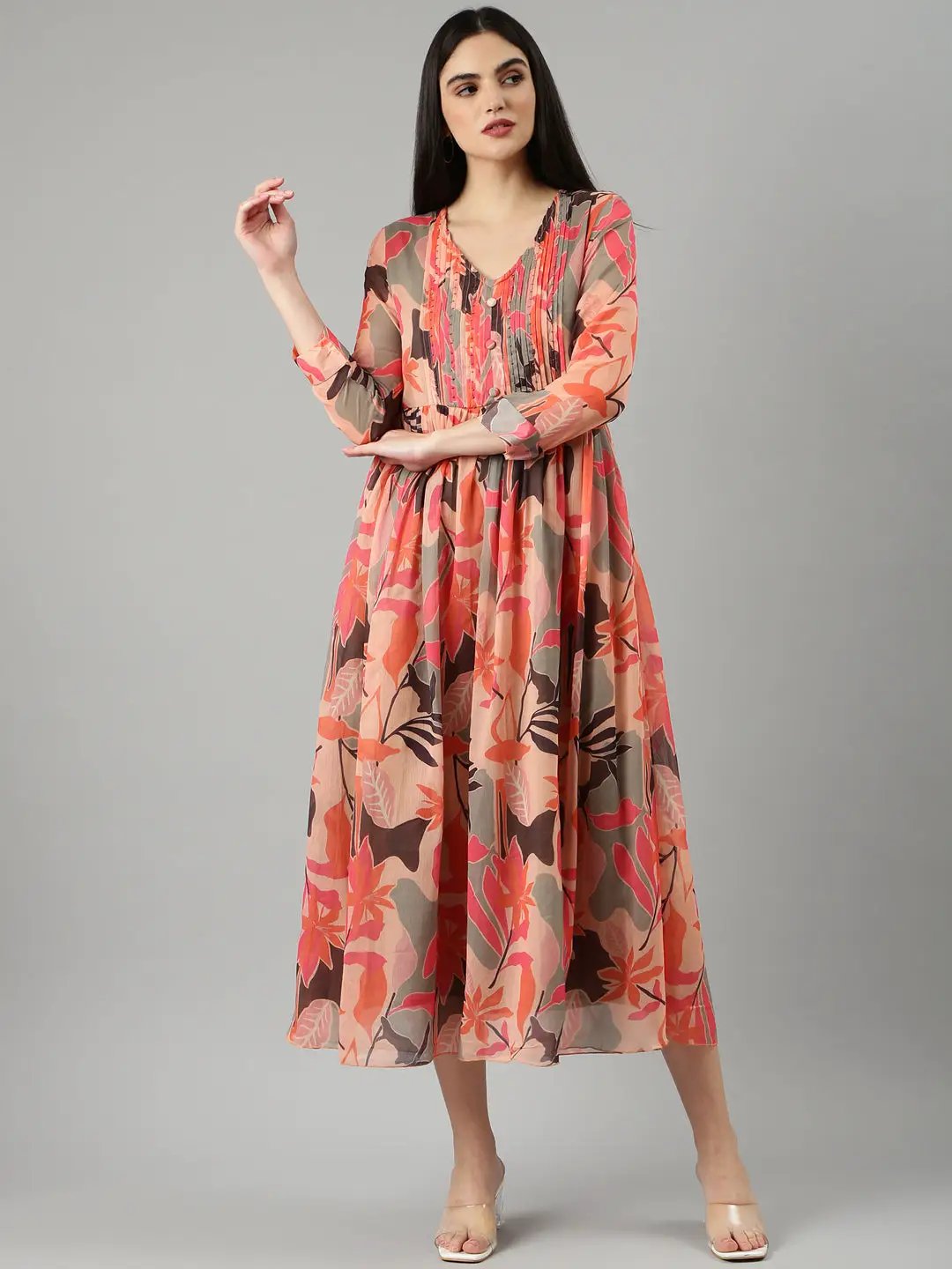 Women's Peach Floral A-Line Dress