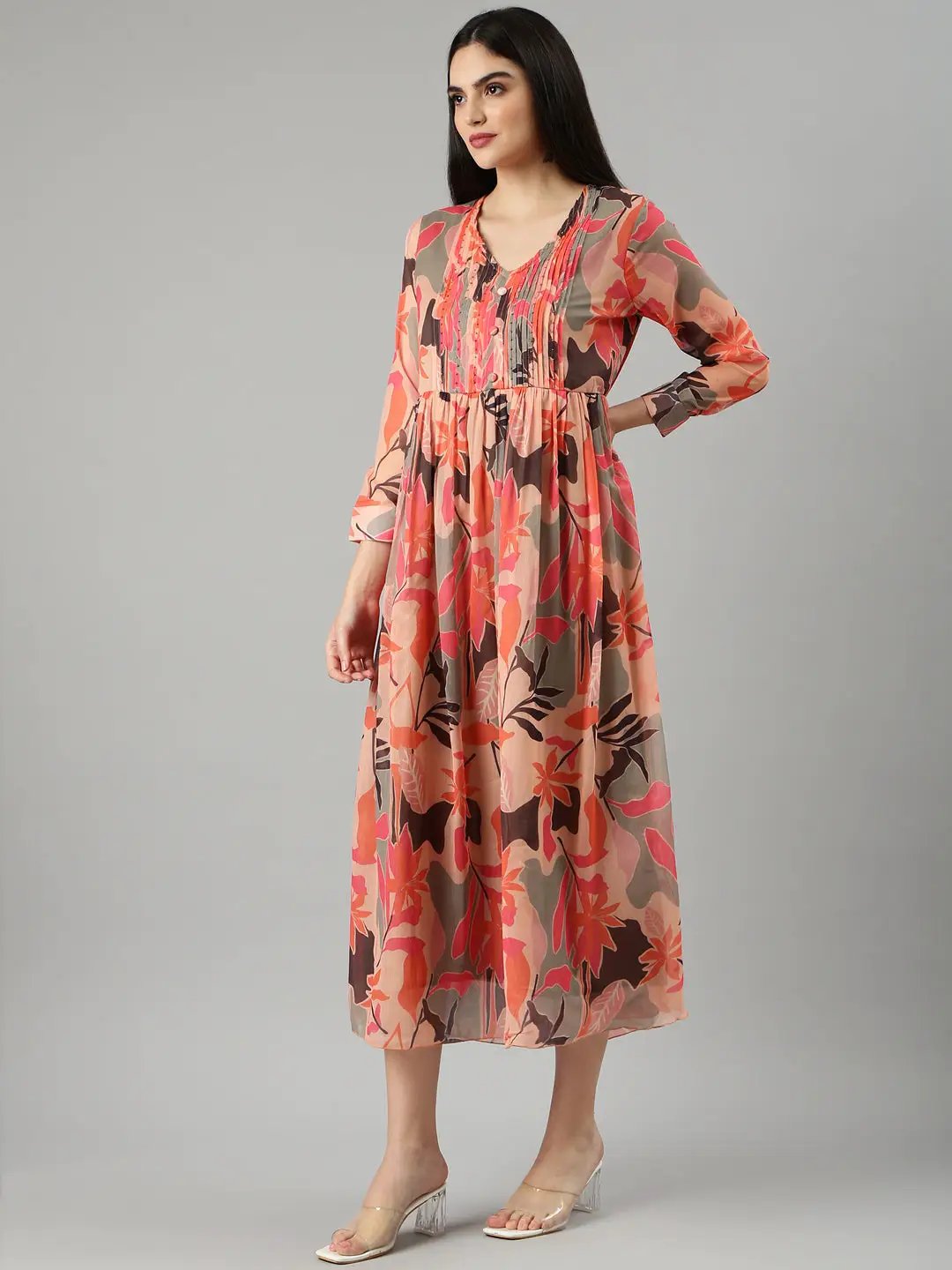Women's Peach Floral A-Line Dress