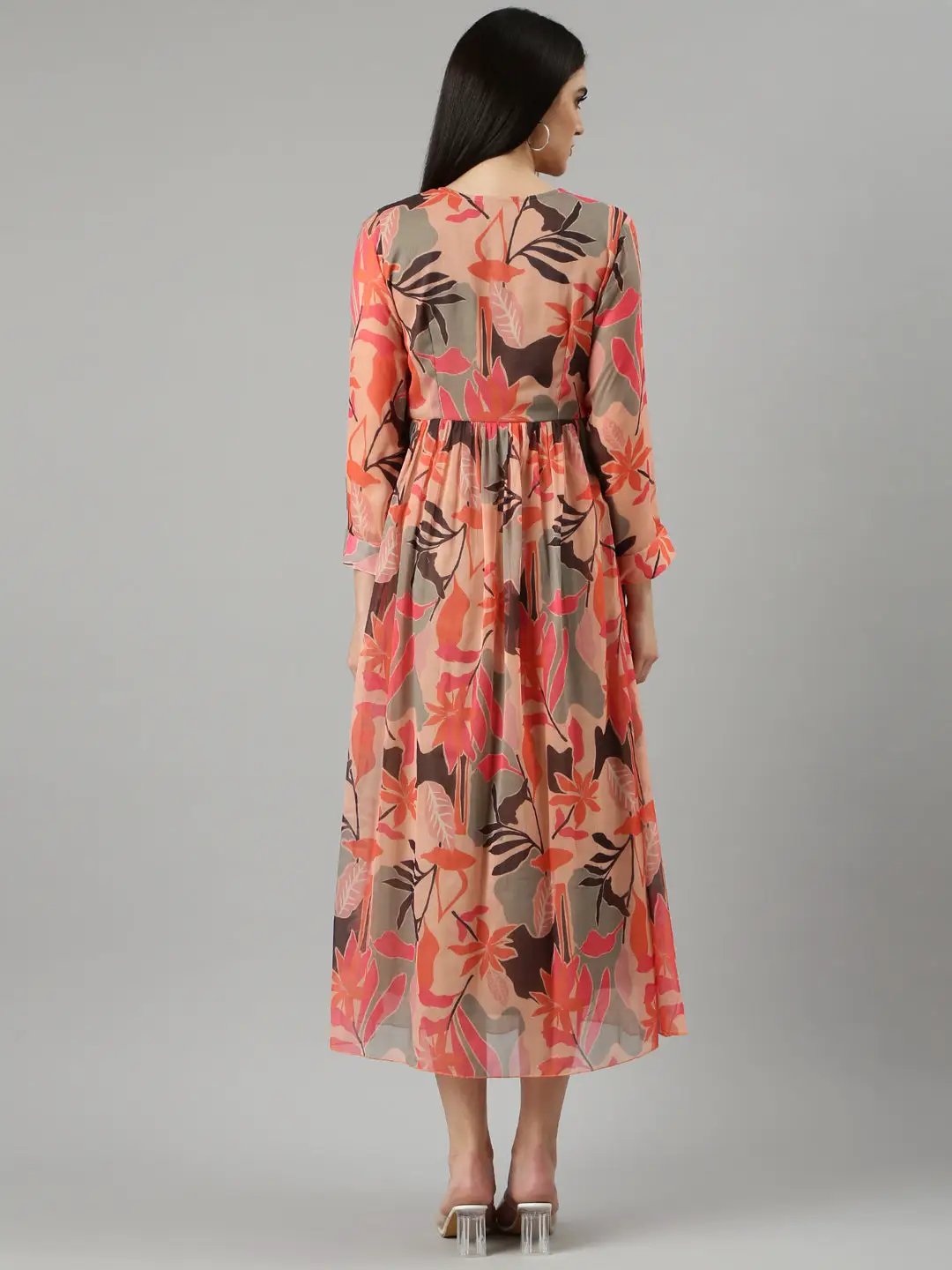 Women's Peach Floral A-Line Dress