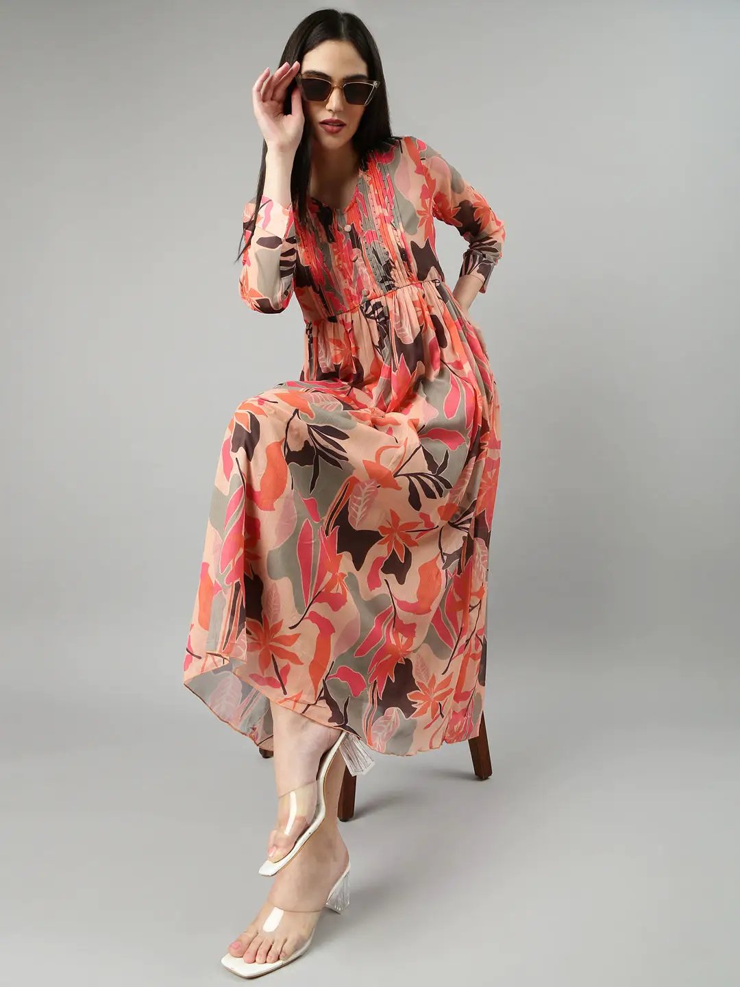Women's Peach Floral A-Line Dress