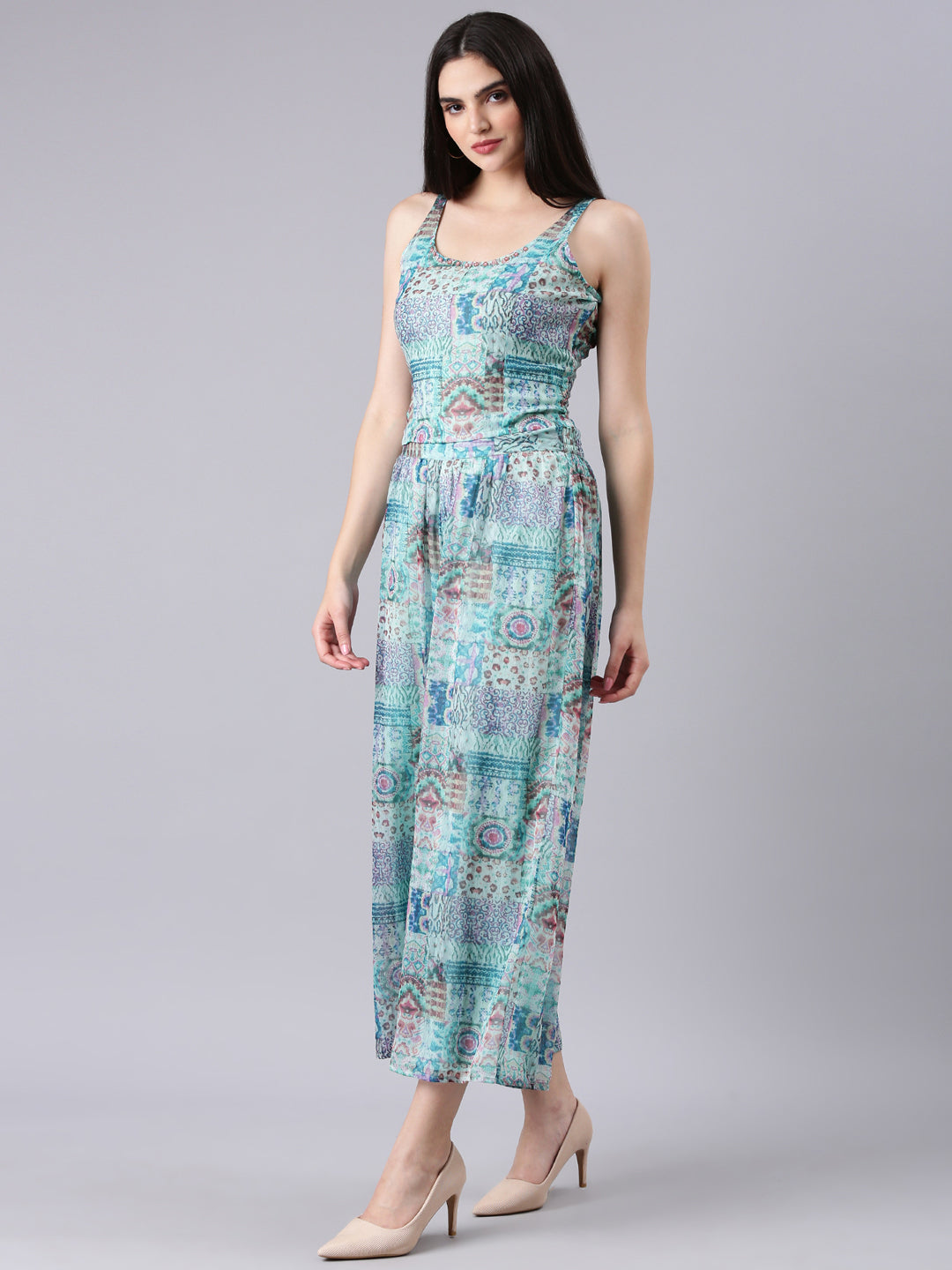 Women Sea Green Printed Co-Ords