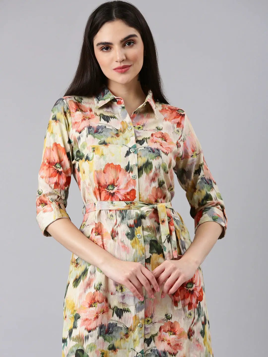 Women's Beige Printed Shirt Dress