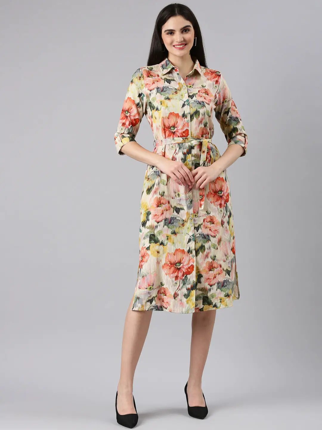 Women's Beige Printed Shirt Dress