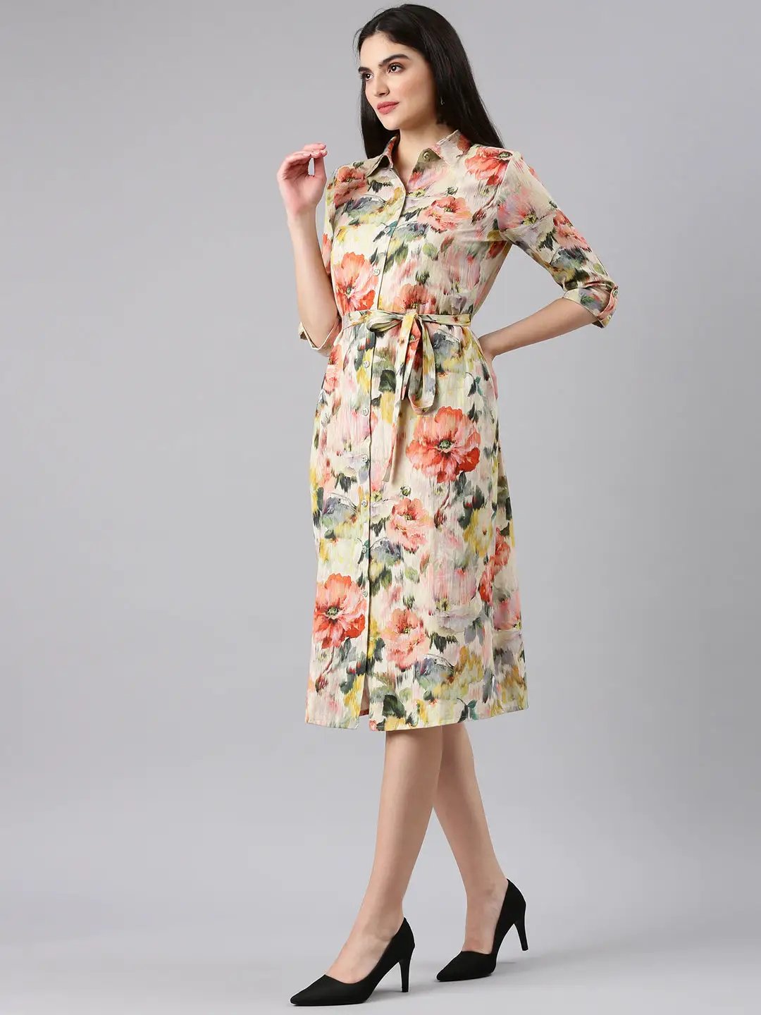 Women's Beige Printed Shirt Dress
