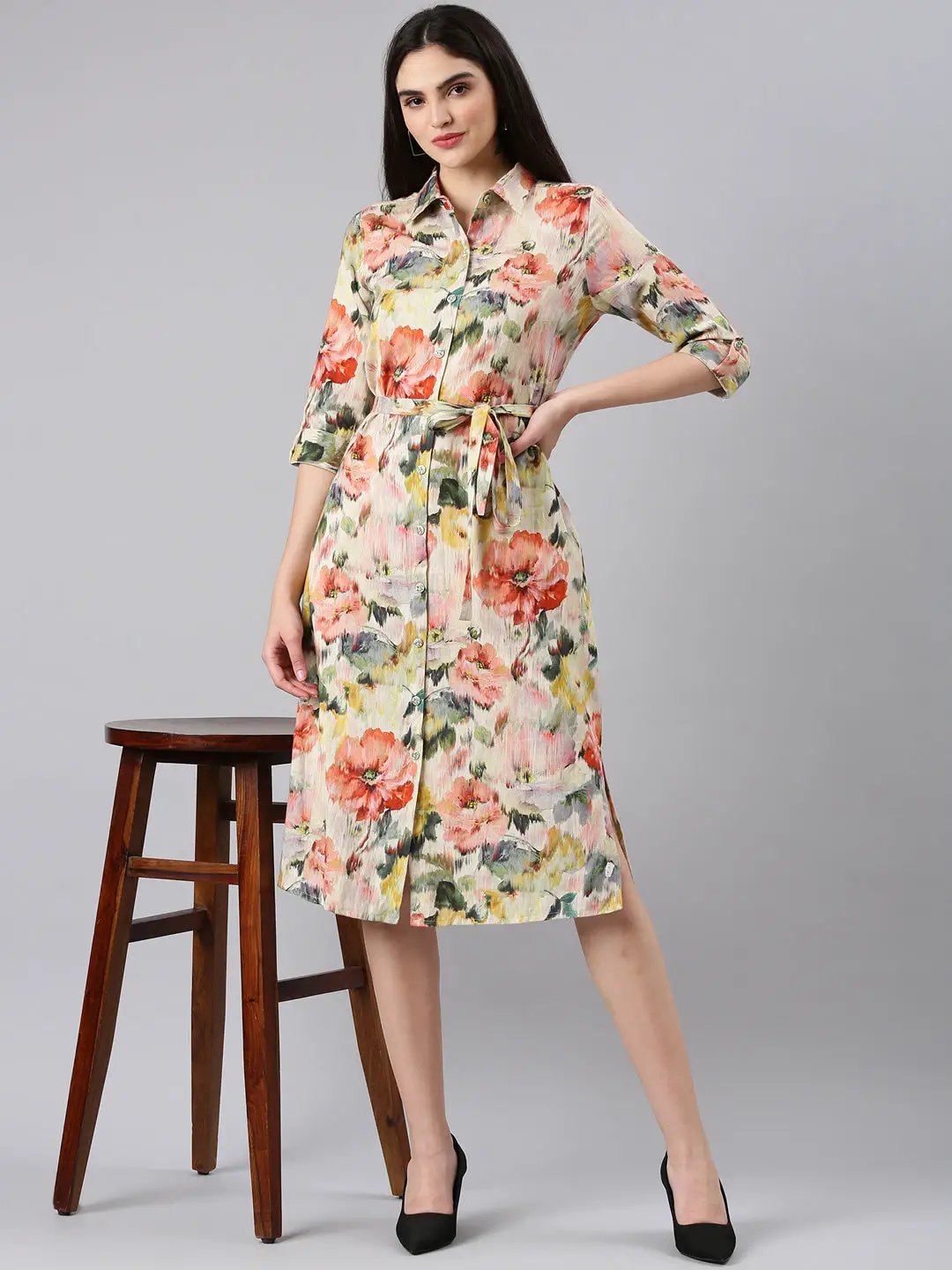 Women's Beige Printed Shirt Dress