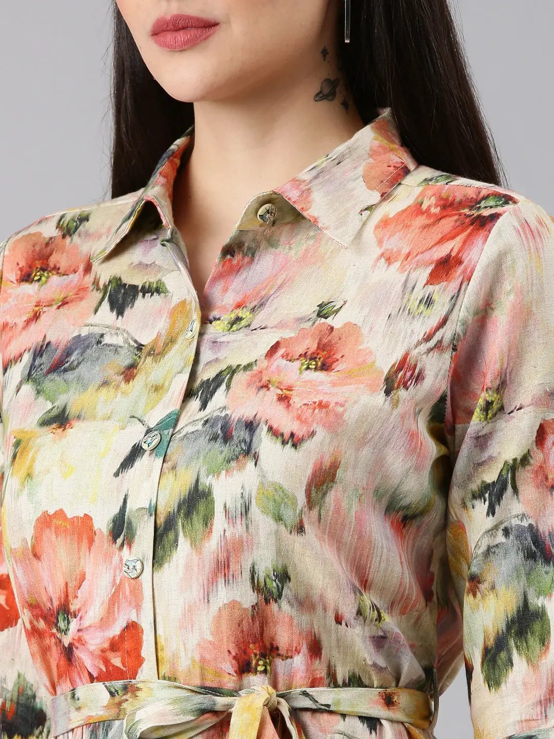 Women's Beige Printed Shirt Dress