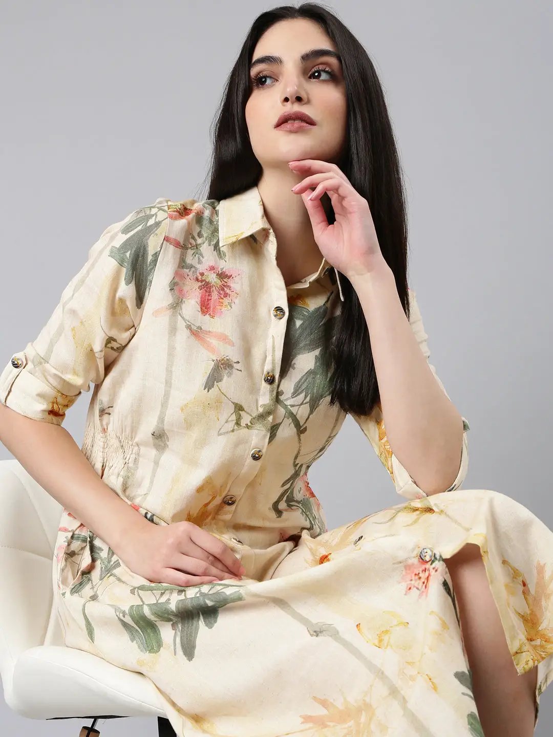Women's Cream Floral Shirt Dress