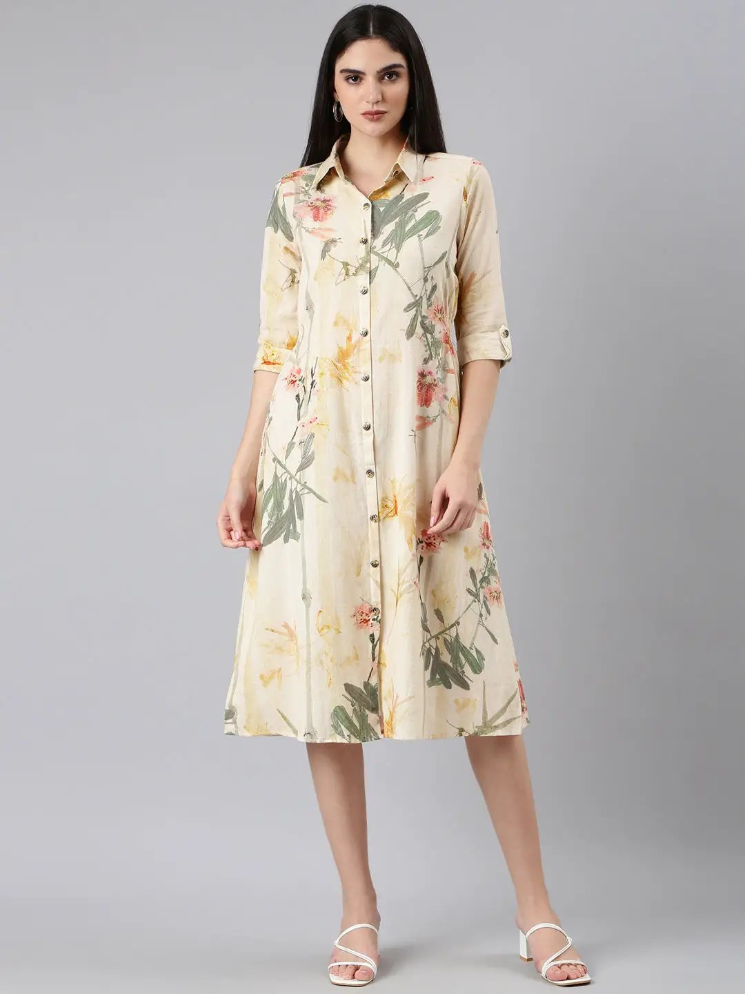 Women's Cream Floral Shirt Dress