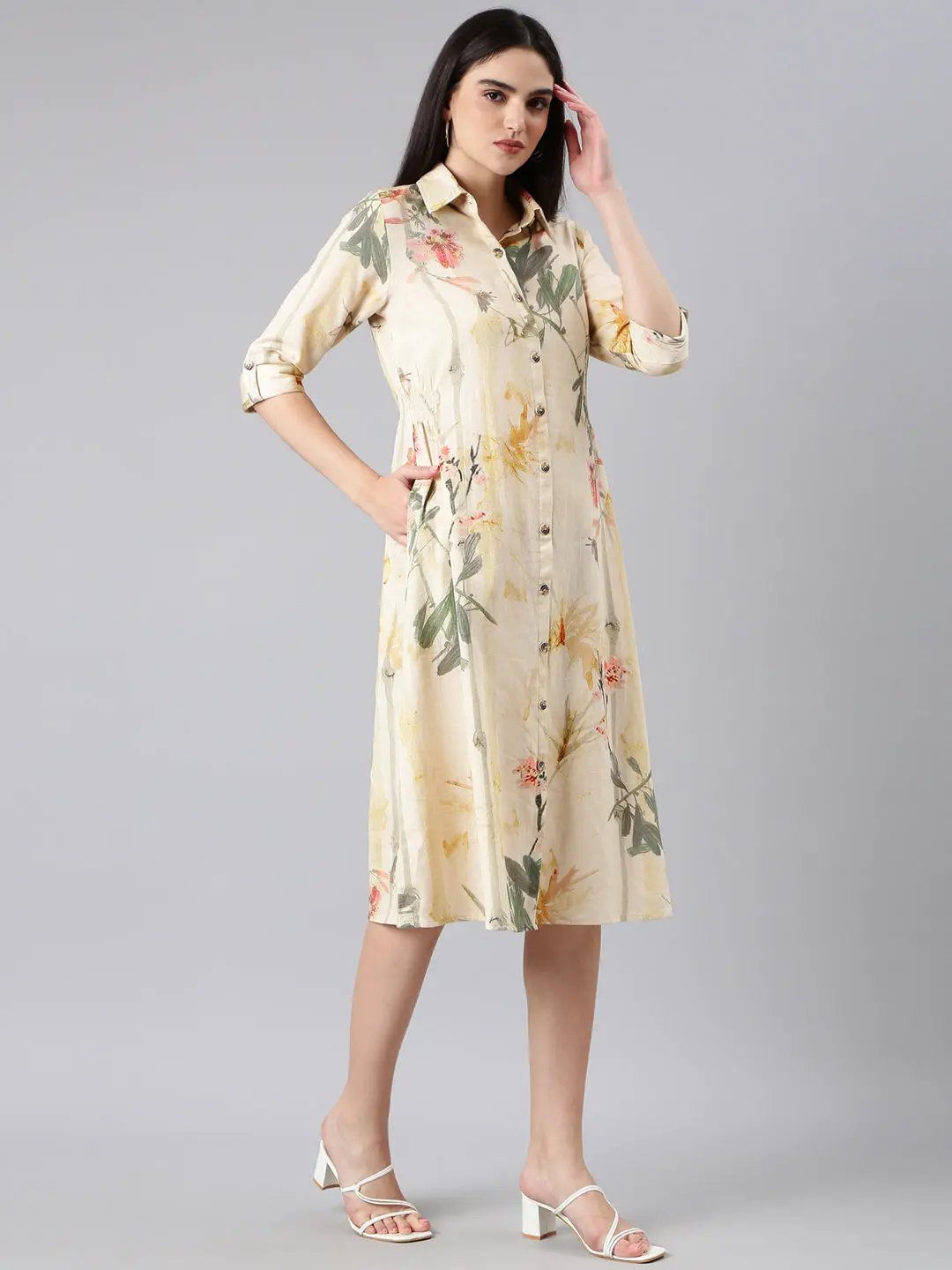 Women's Cream Floral Shirt Dress