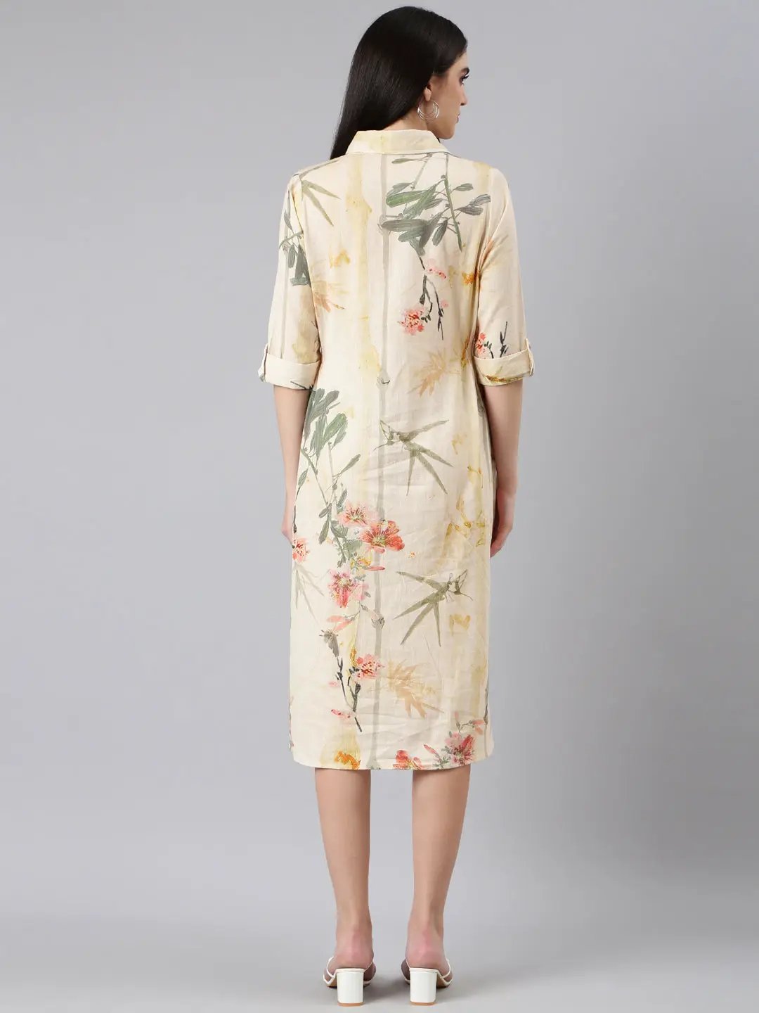 Women's Cream Floral Shirt Dress