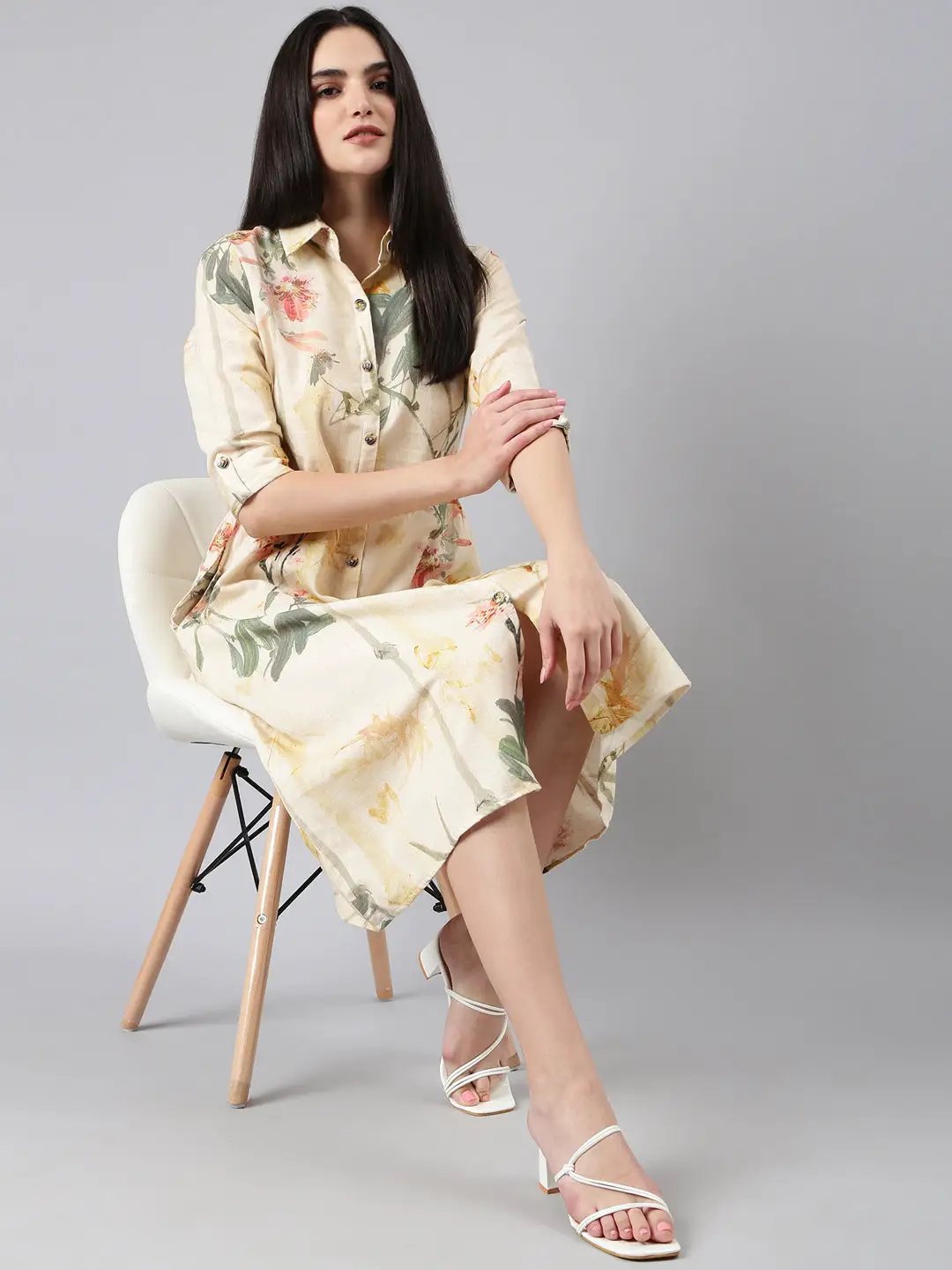 Women's Cream Floral Shirt Dress