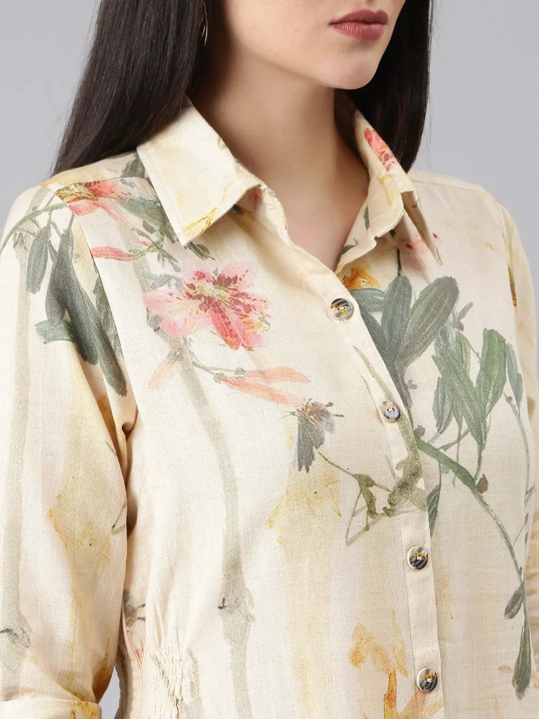 Women's Cream Floral Shirt Dress