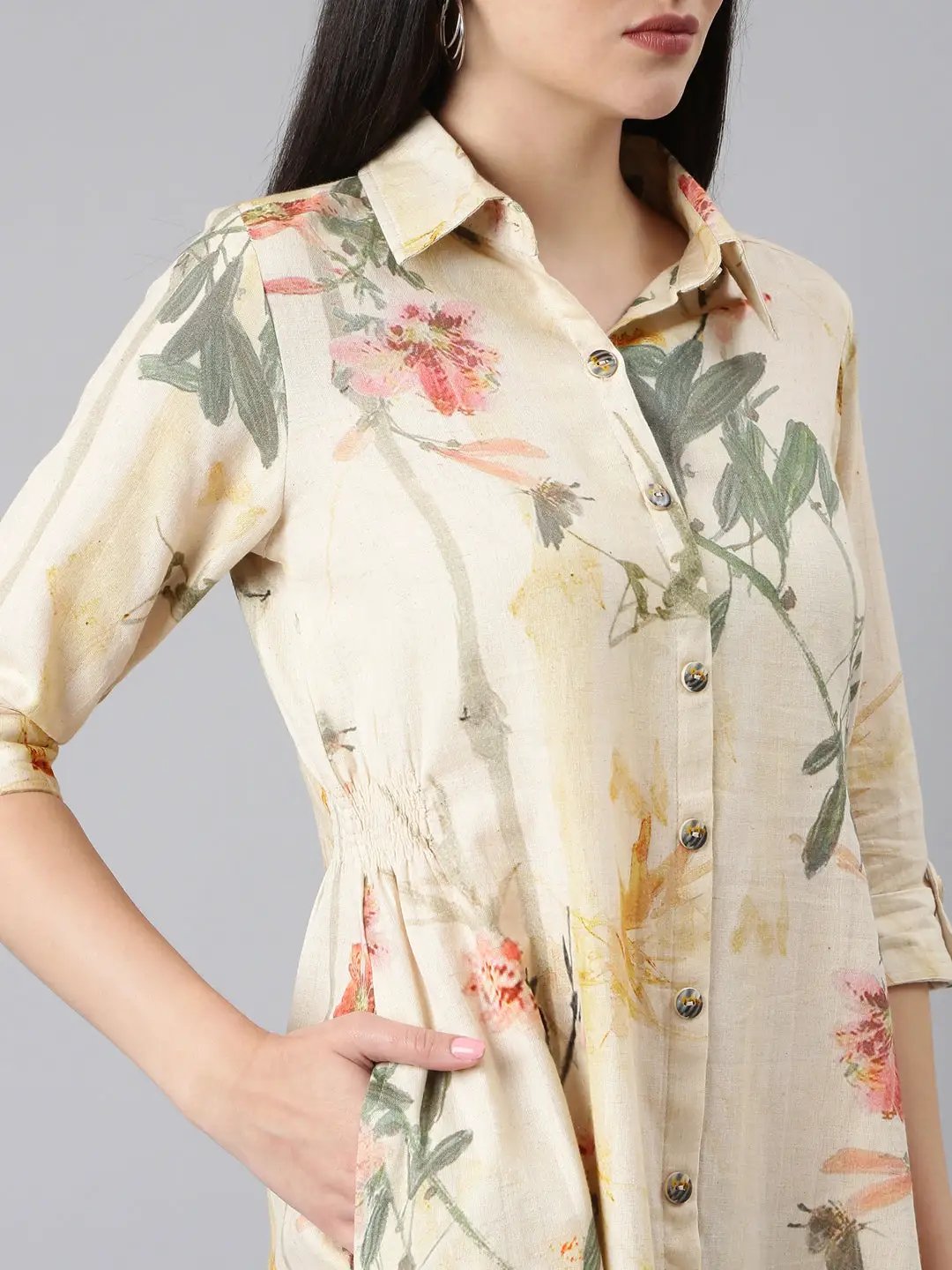 Women's Cream Floral Shirt Dress