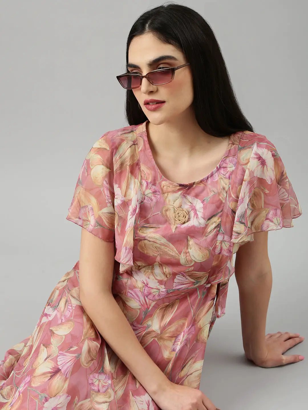 Women's Peach Floral Fit and Flare Dress
