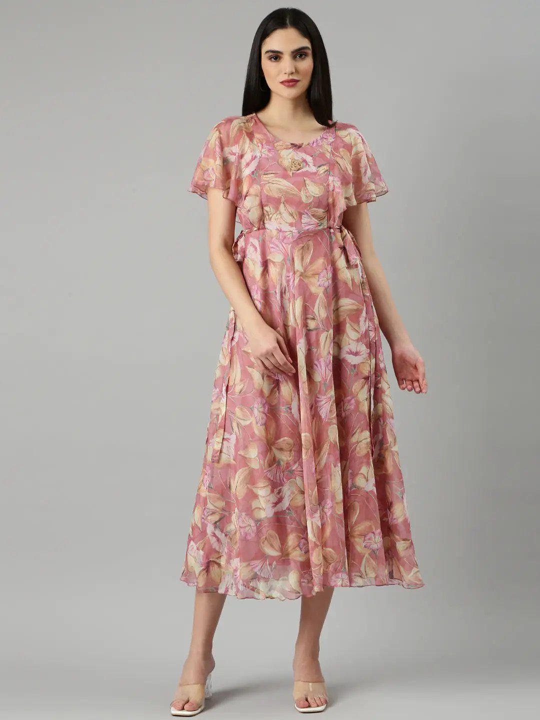 Women's Peach Floral Fit and Flare Dress