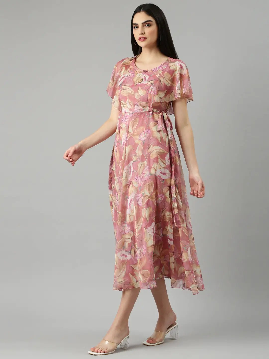 Women's Peach Floral Fit and Flare Dress