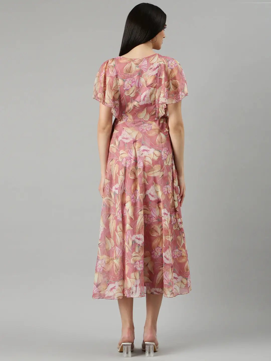Women's Peach Floral Fit and Flare Dress
