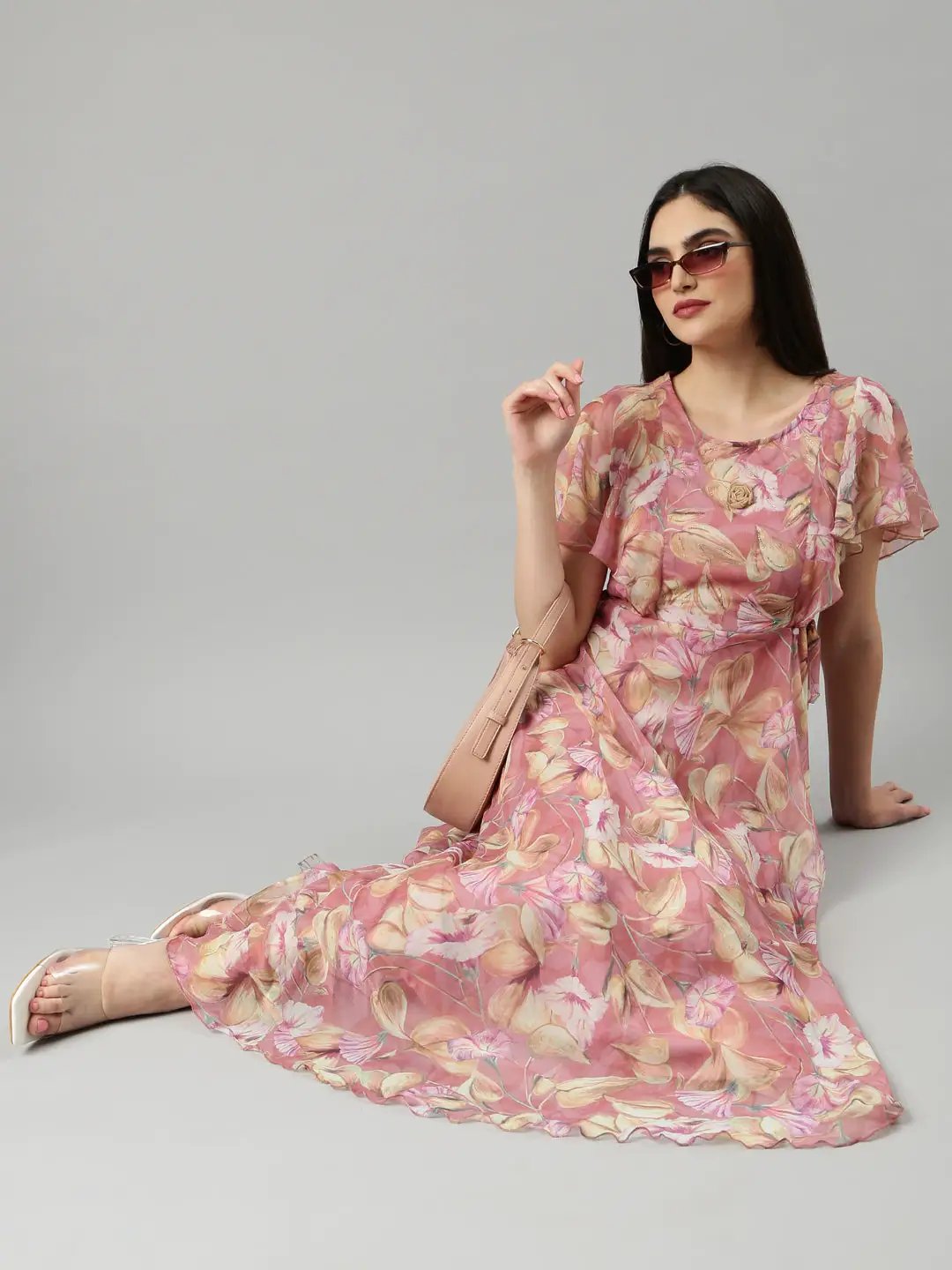 Women's Peach Floral Fit and Flare Dress