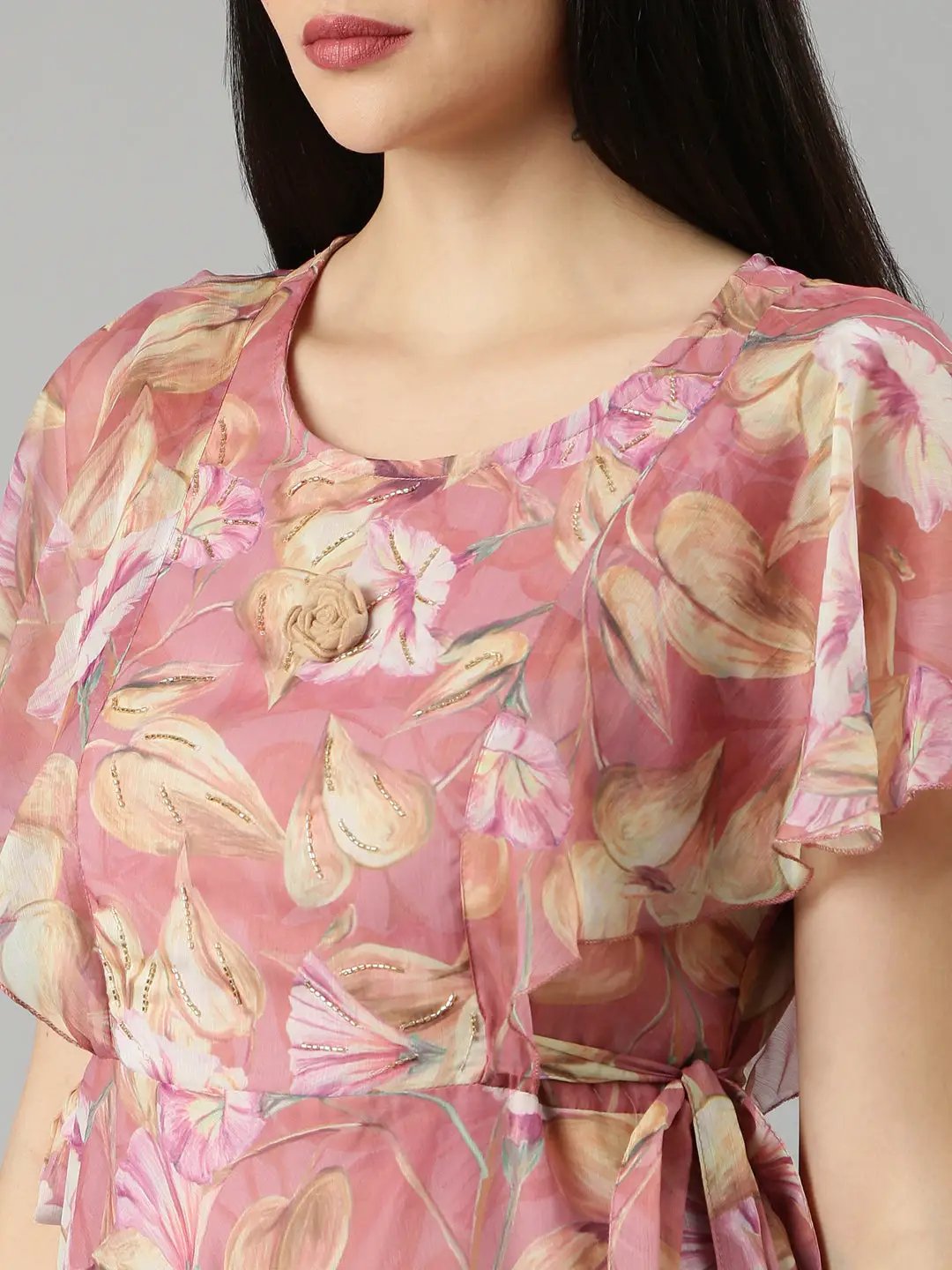 Women's Peach Floral Fit and Flare Dress