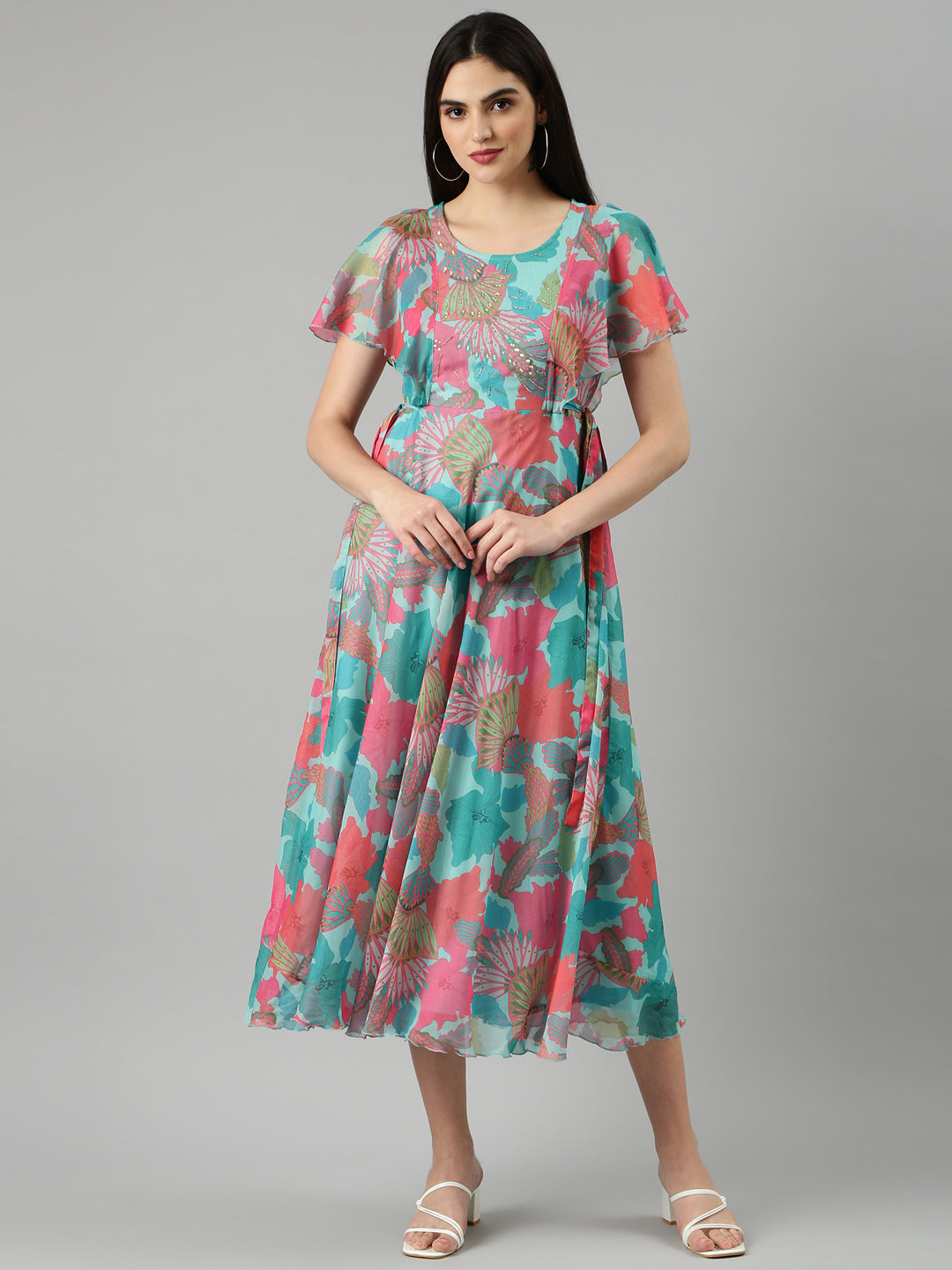 Women's Turquoise Blue Floral Fit and Flare Dress