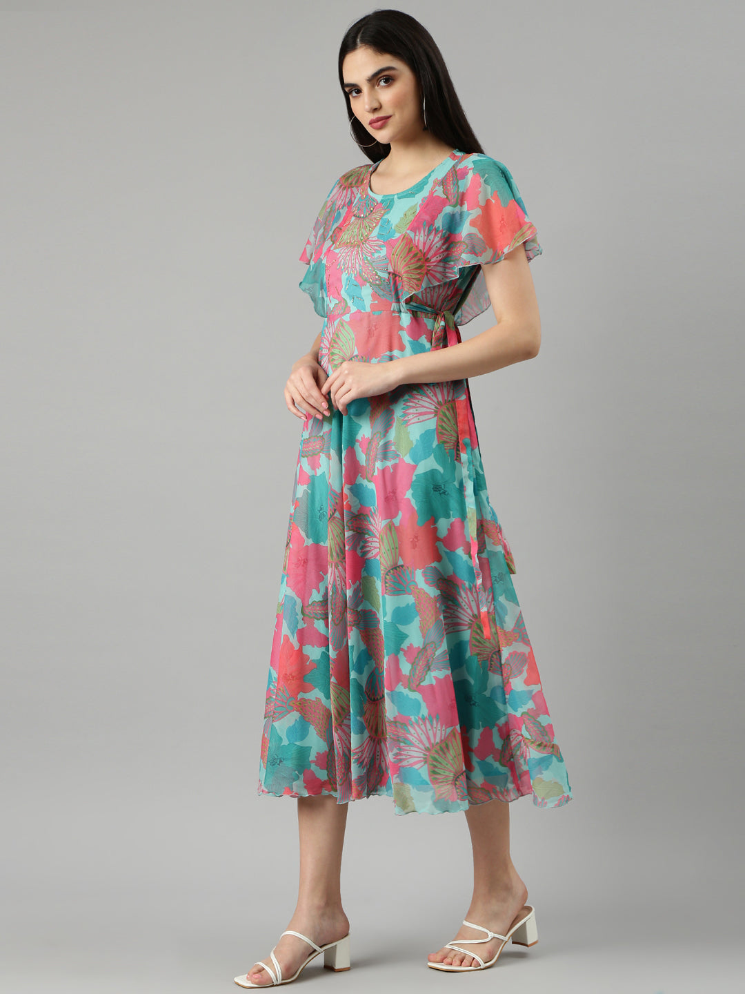 Women's Turquoise Blue Floral Fit and Flare Dress