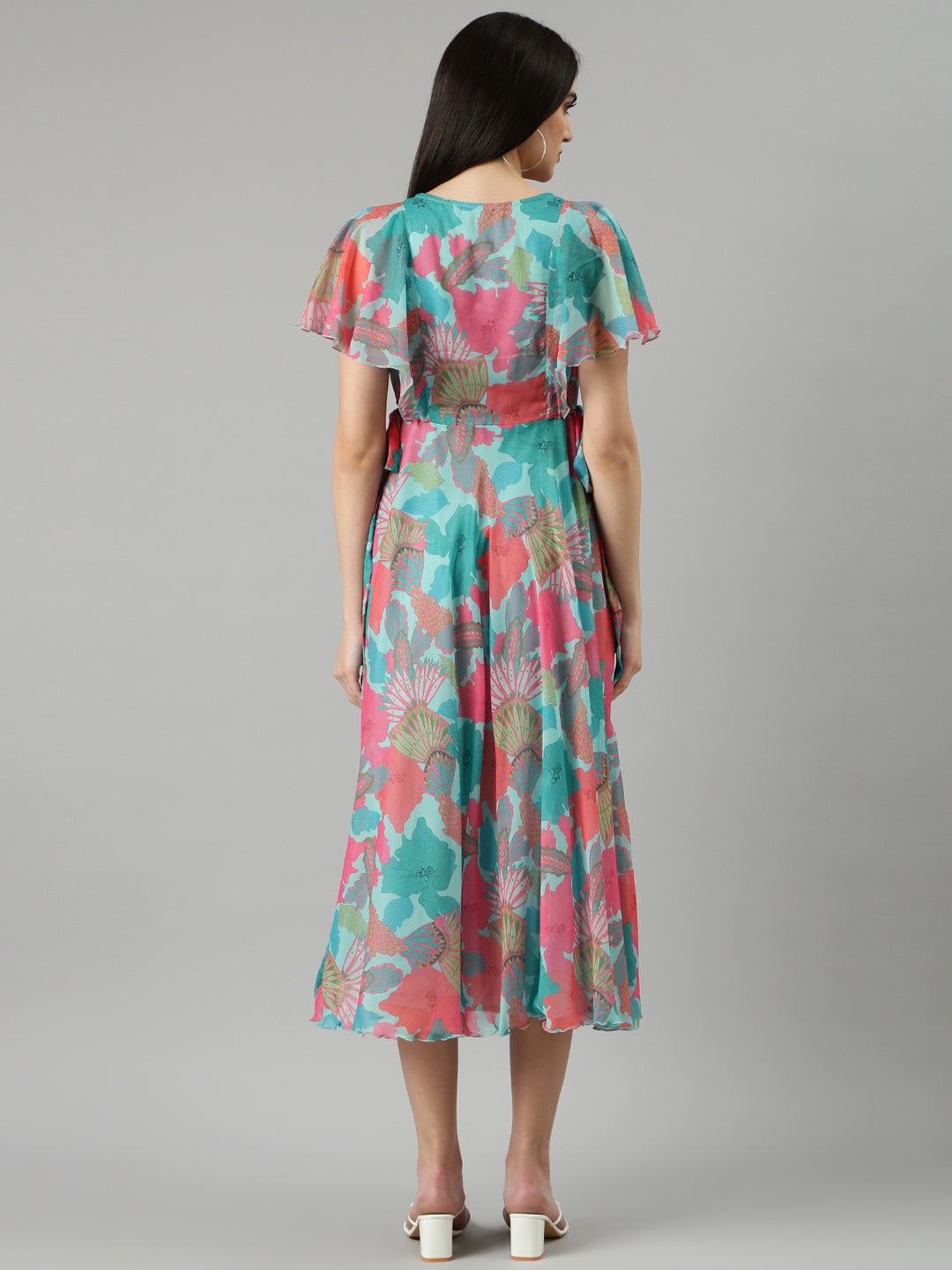 Women's Turquoise Blue Floral Fit and Flare Dress