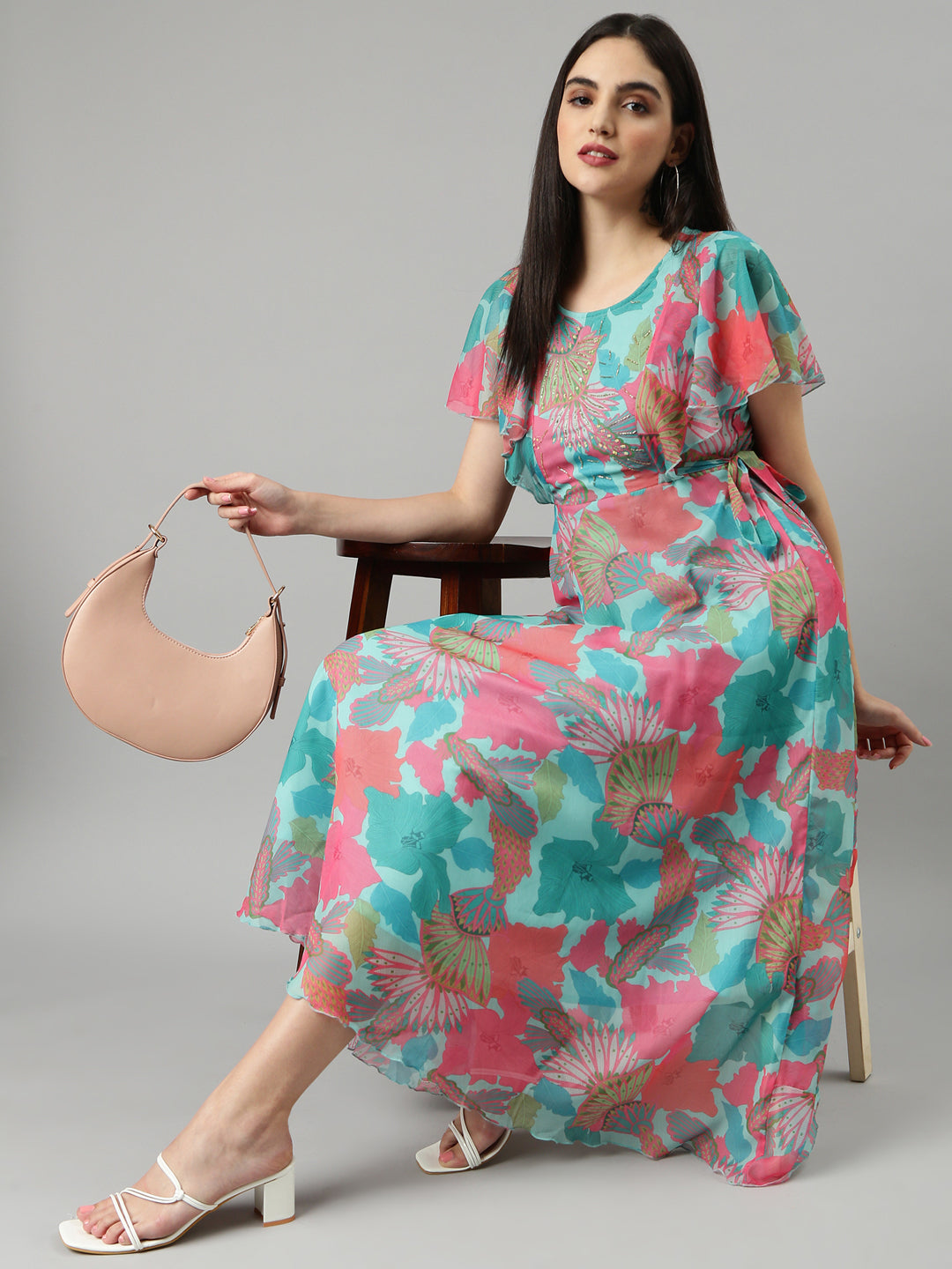 Women's Turquoise Blue Floral Fit and Flare Dress