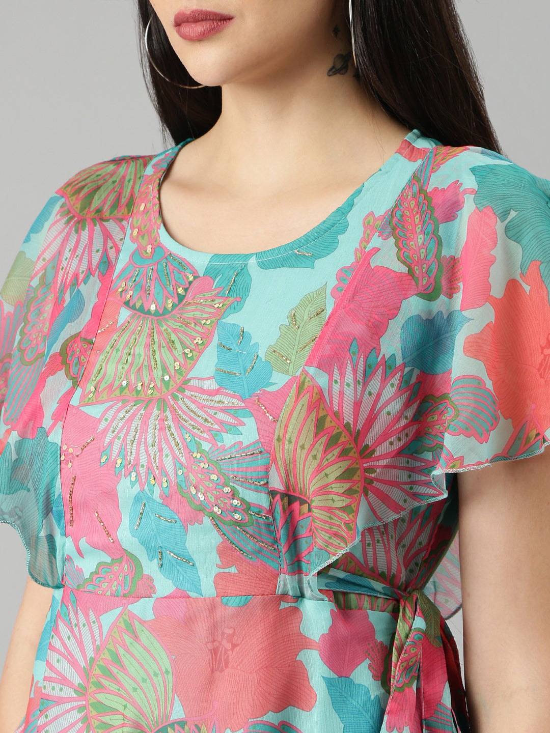 Women's Turquoise Blue Floral Fit and Flare Dress