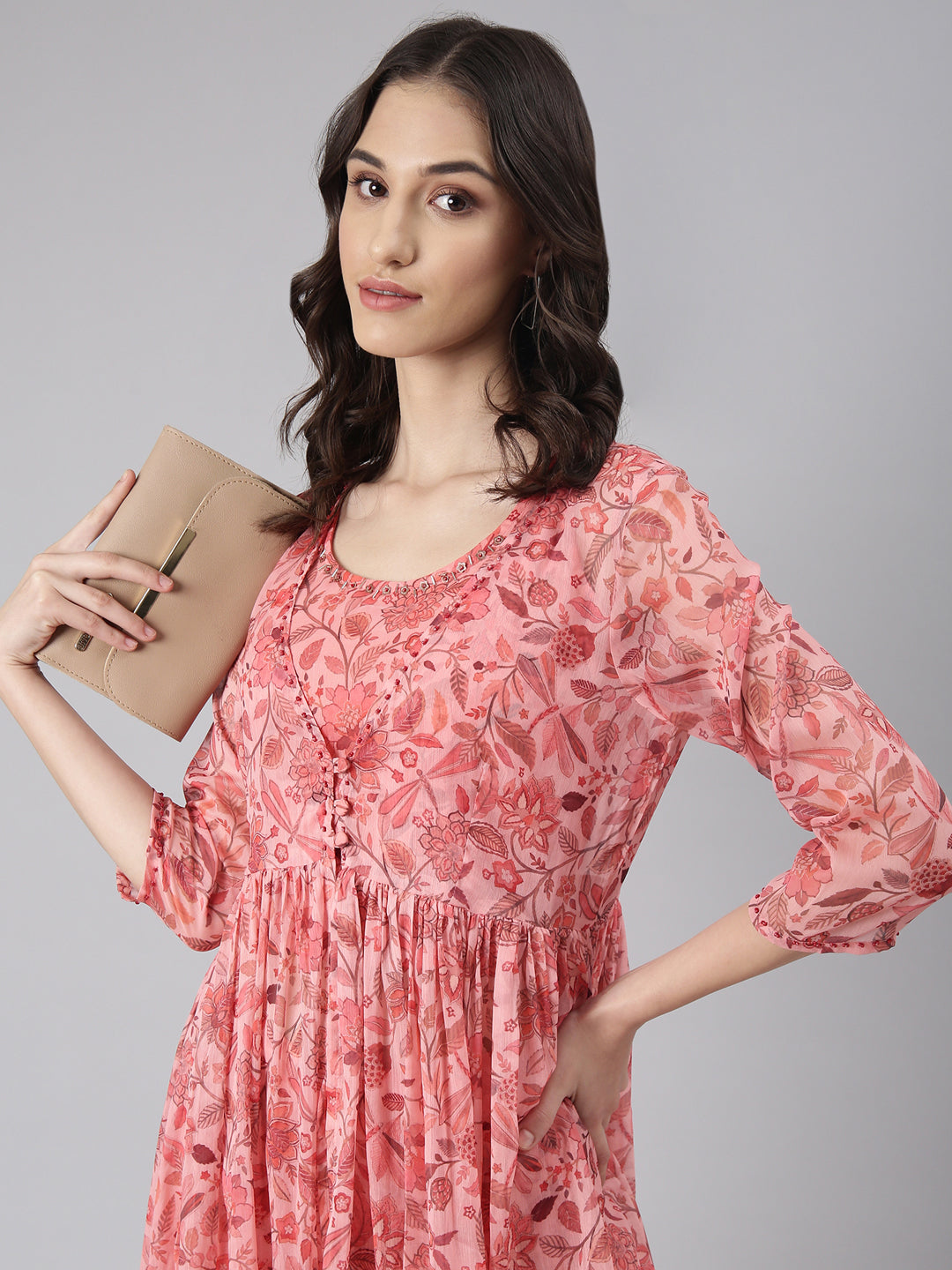 Women's Coral Floral Printed Kurta Set with Jacket & Palazzos