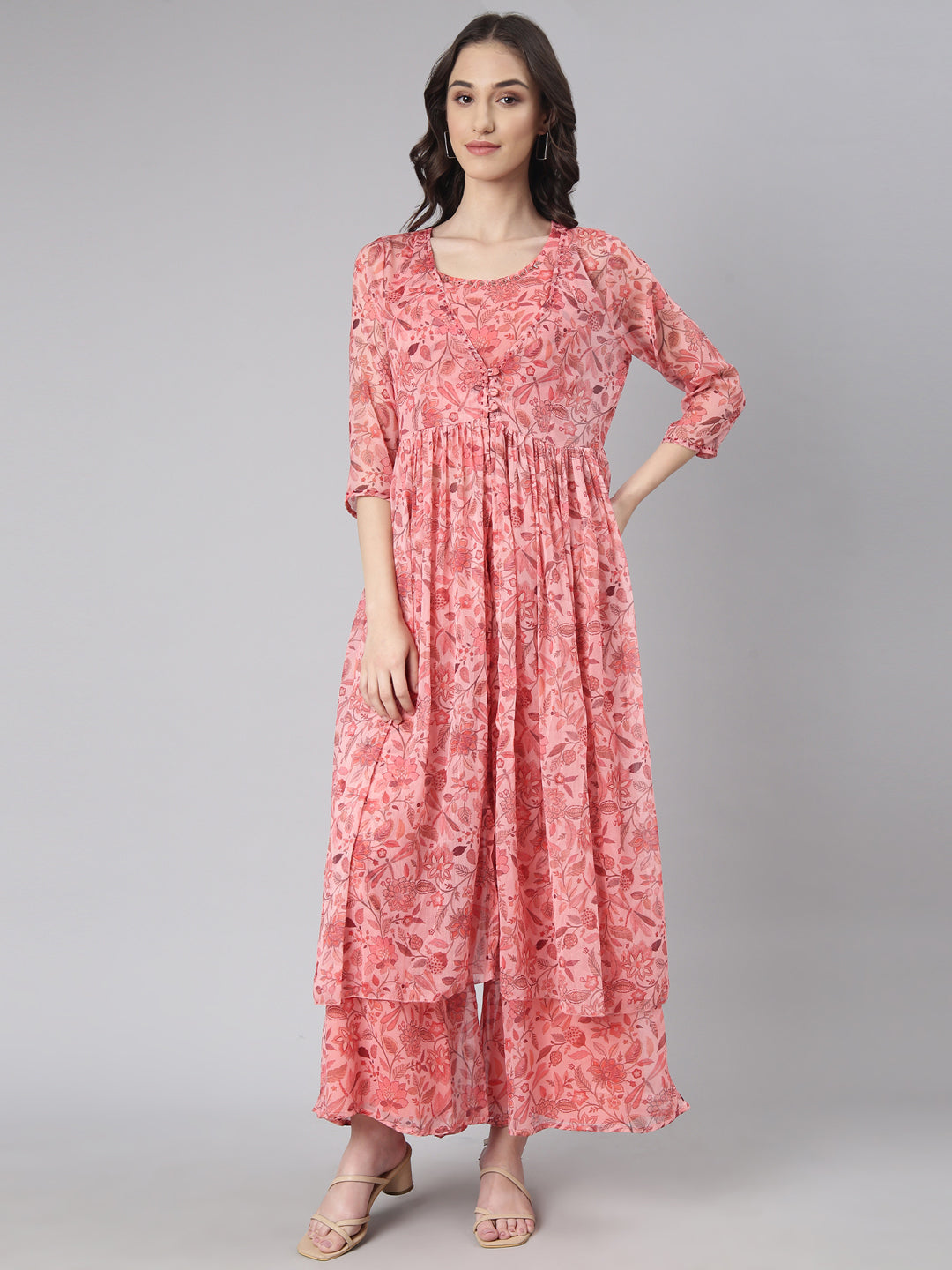 Women's Coral Floral Printed Kurta Set with Jacket & Palazzos