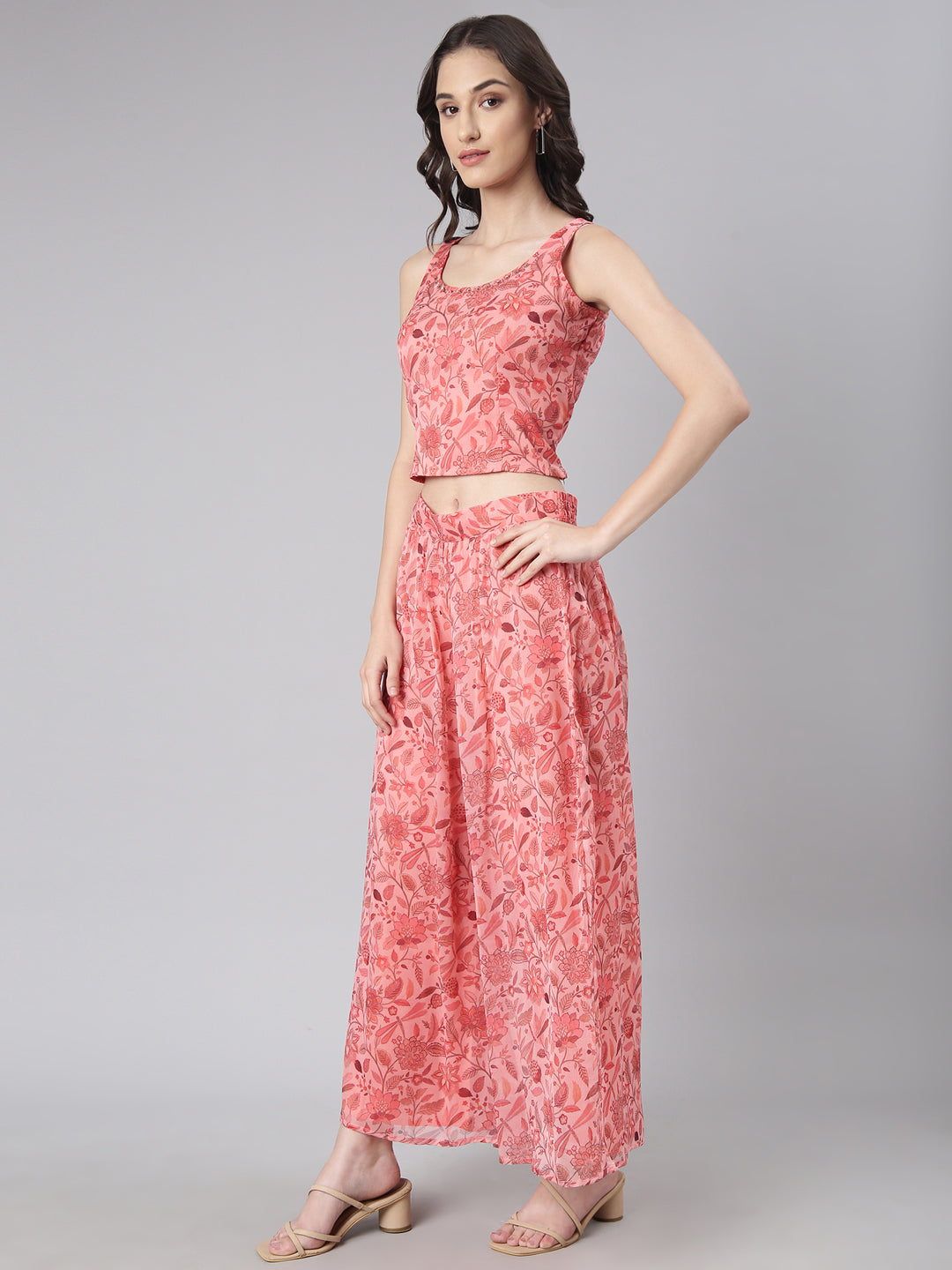 Women's Coral Floral Printed Kurta Set with Jacket & Palazzos