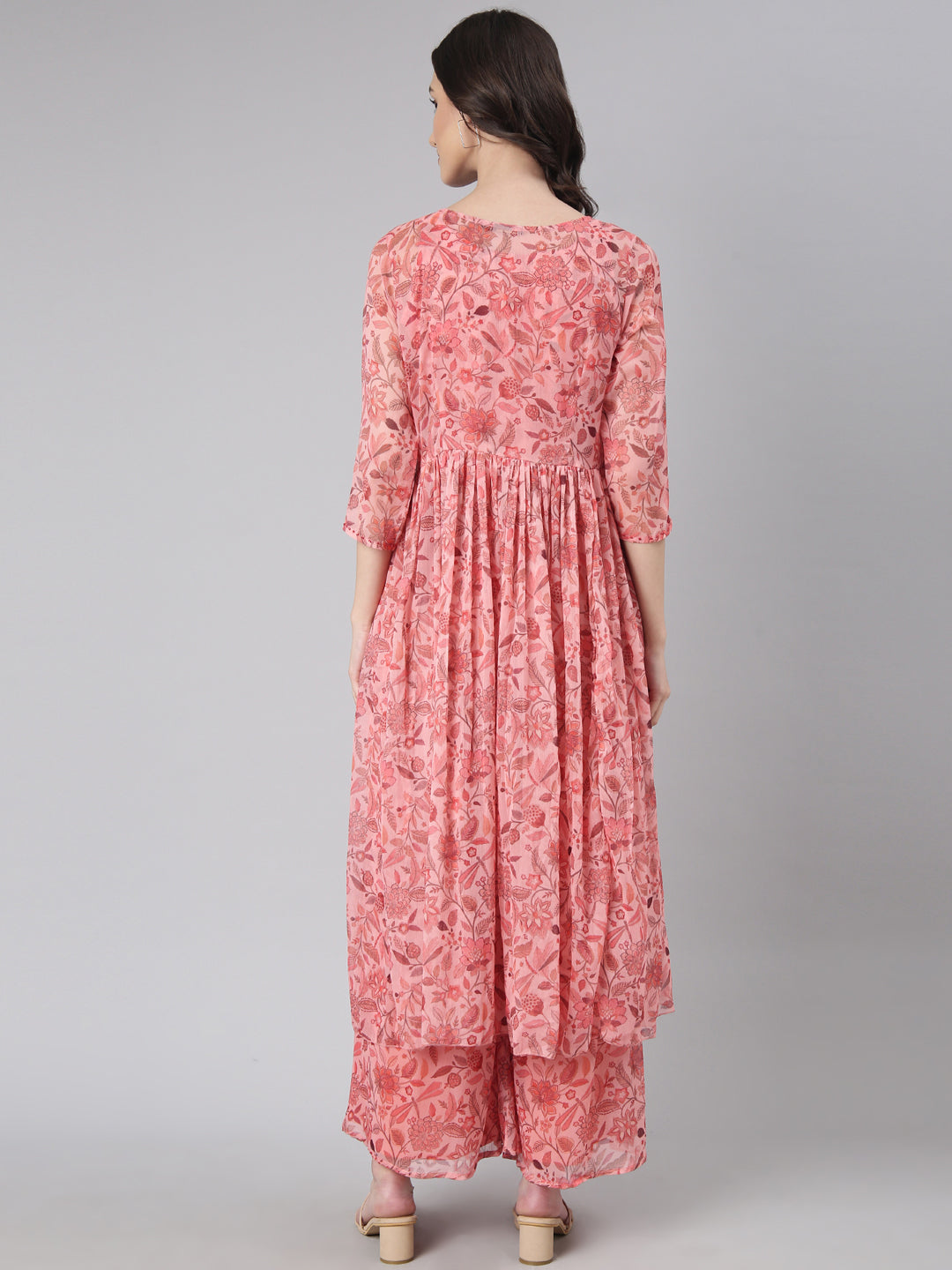 Women's Coral Floral Printed Kurta Set with Jacket & Palazzos