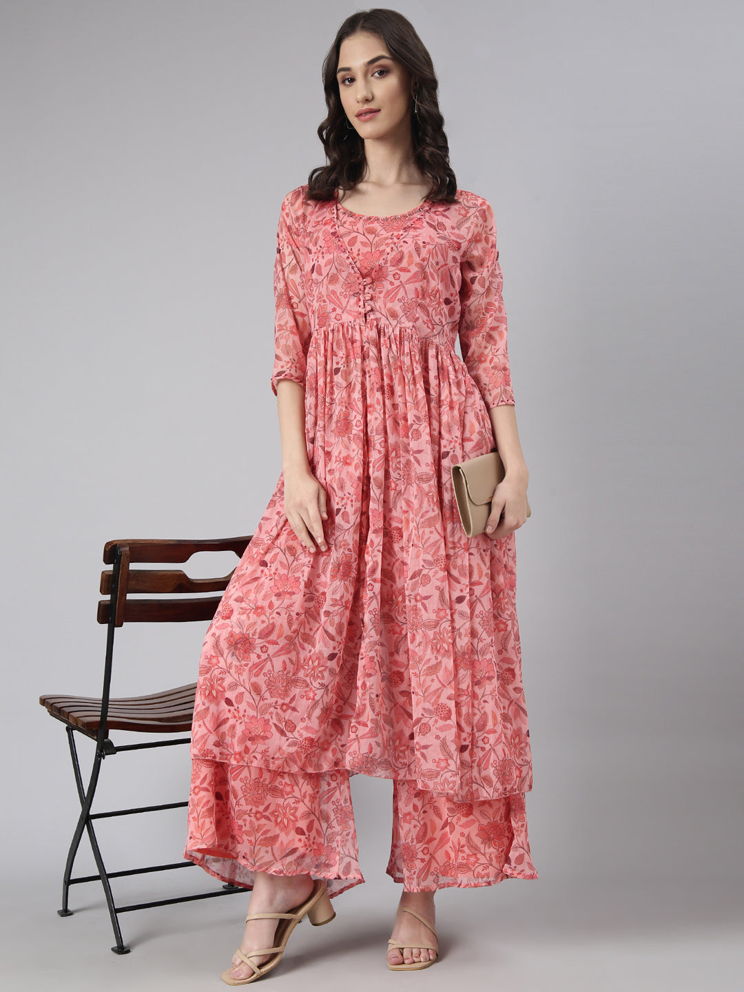 Women's Coral Floral Printed Kurta Set with Jacket & Palazzos