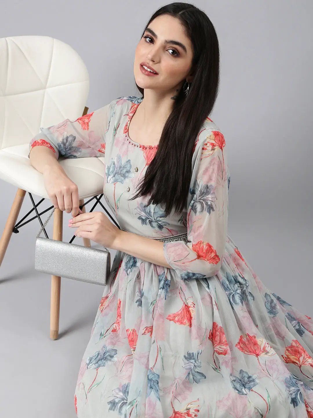 Women's Sea Green Floral Fit and Flare Dress