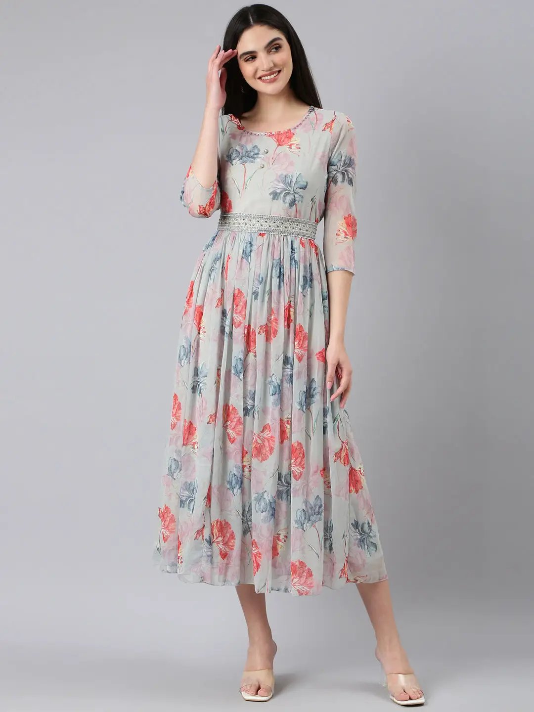 Women's Sea Green Floral Fit and Flare Dress