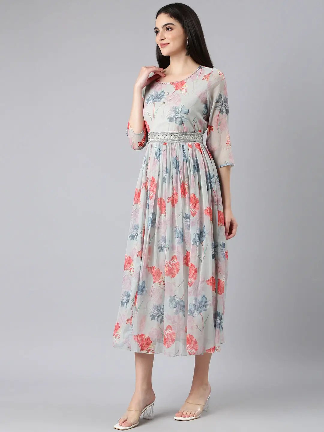 Women's Sea Green Floral Fit and Flare Dress
