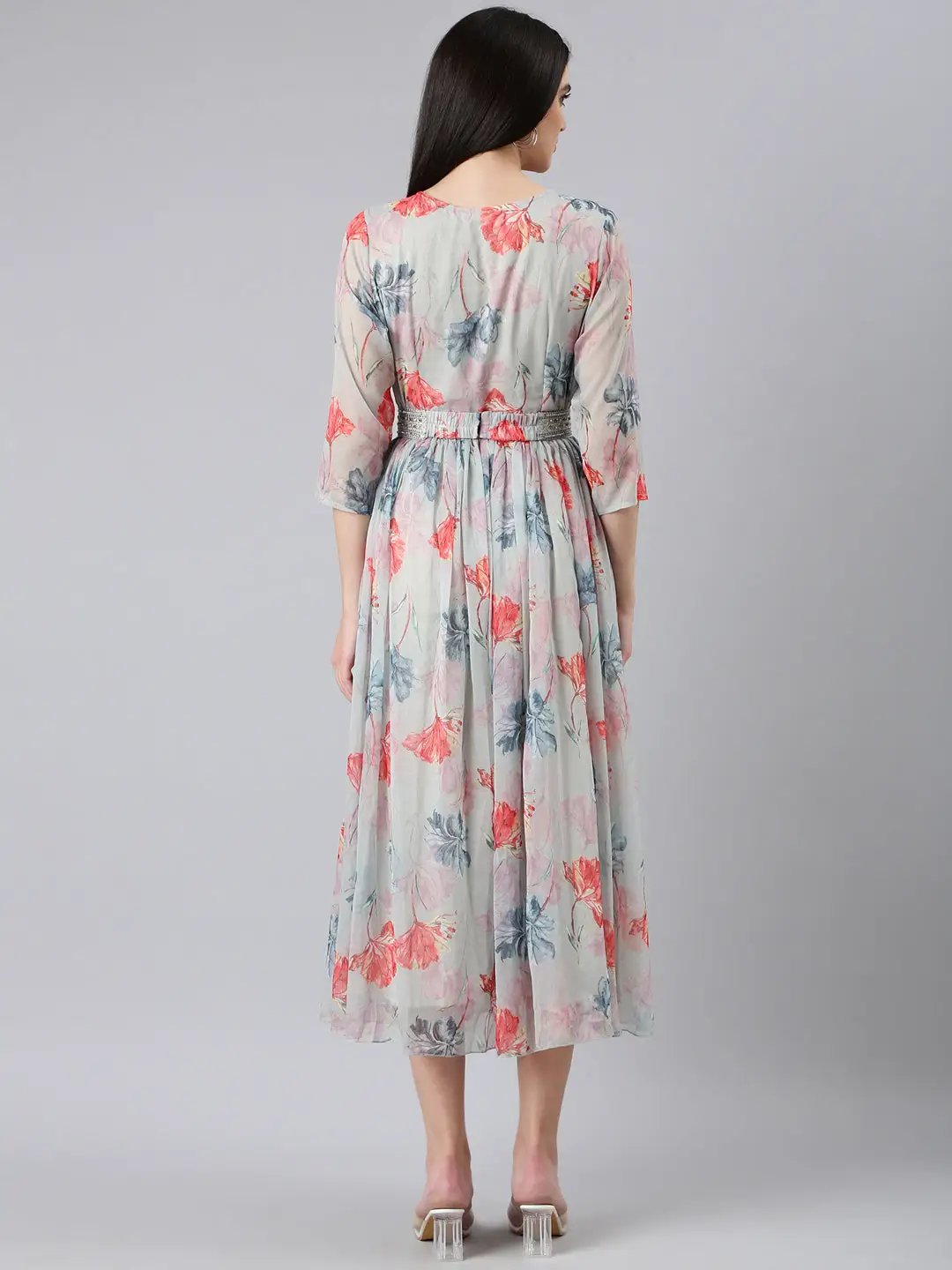 Women's Sea Green Floral Fit and Flare Dress