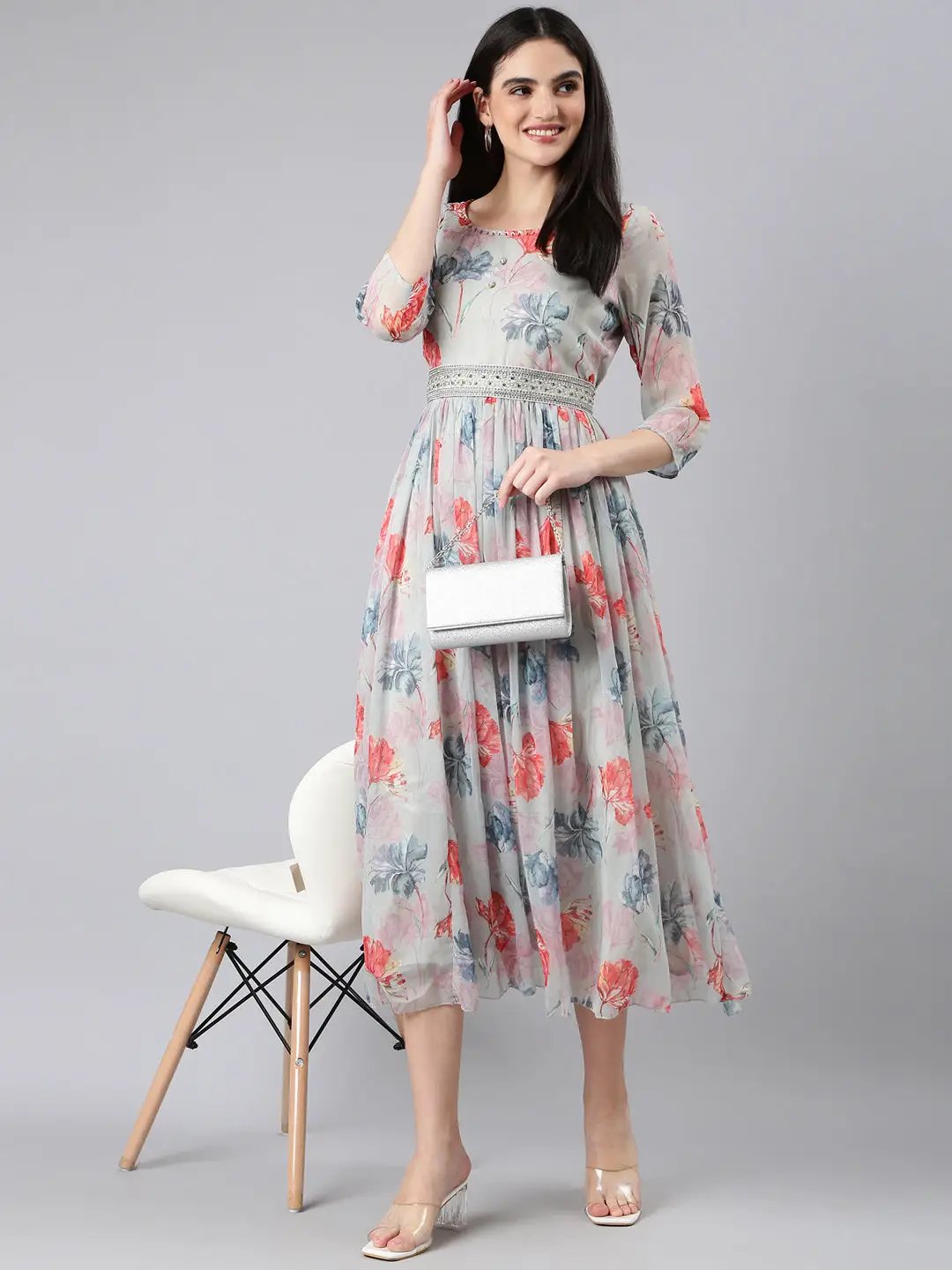 Women's Sea Green Floral Fit and Flare Dress