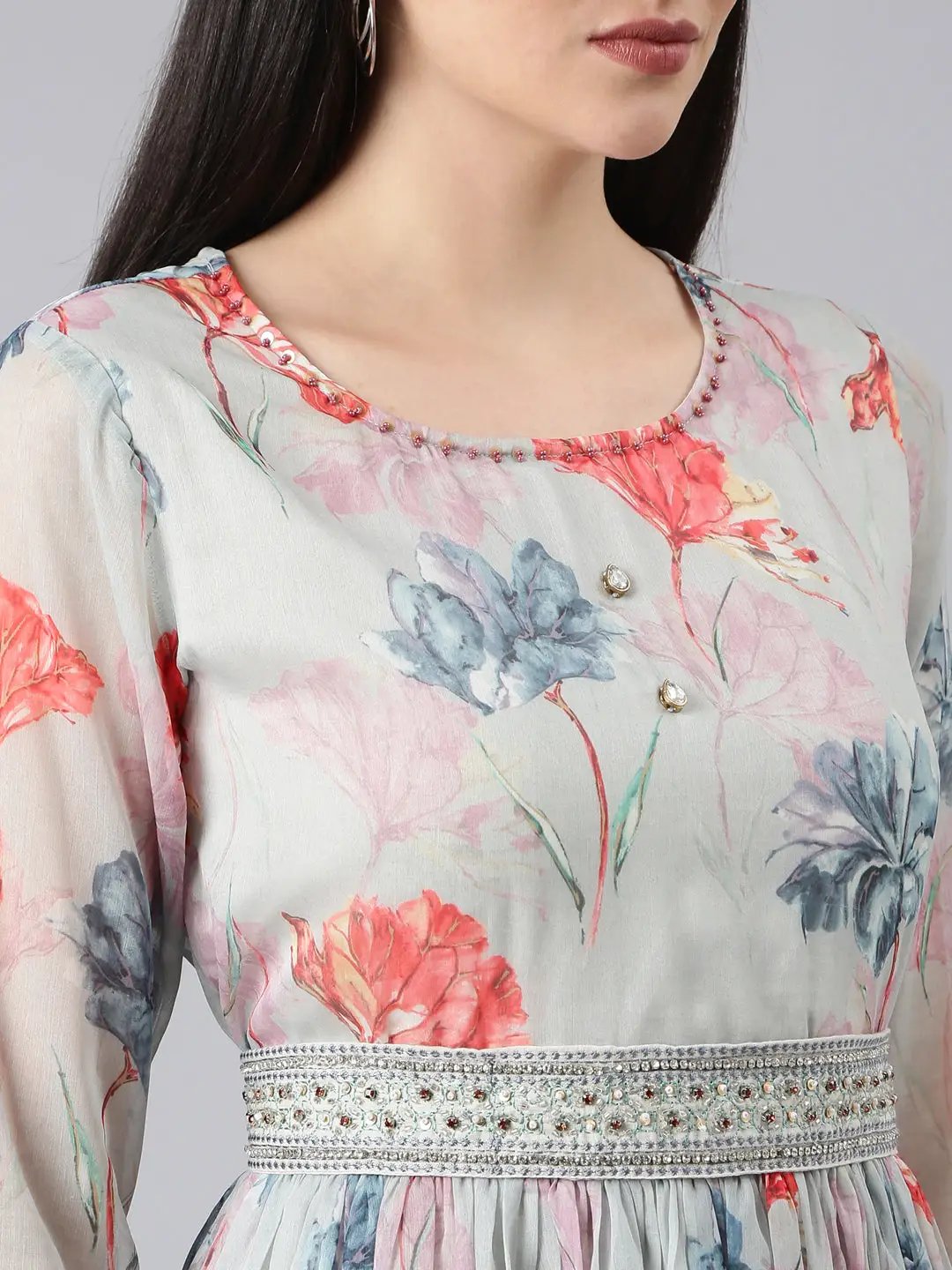 Women's Sea Green Floral Fit and Flare Dress
