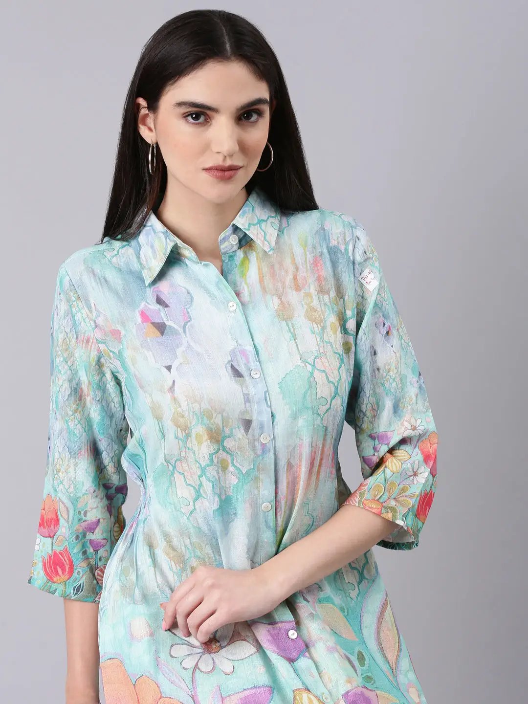 Women's Sea Green Floral Shirt Dress