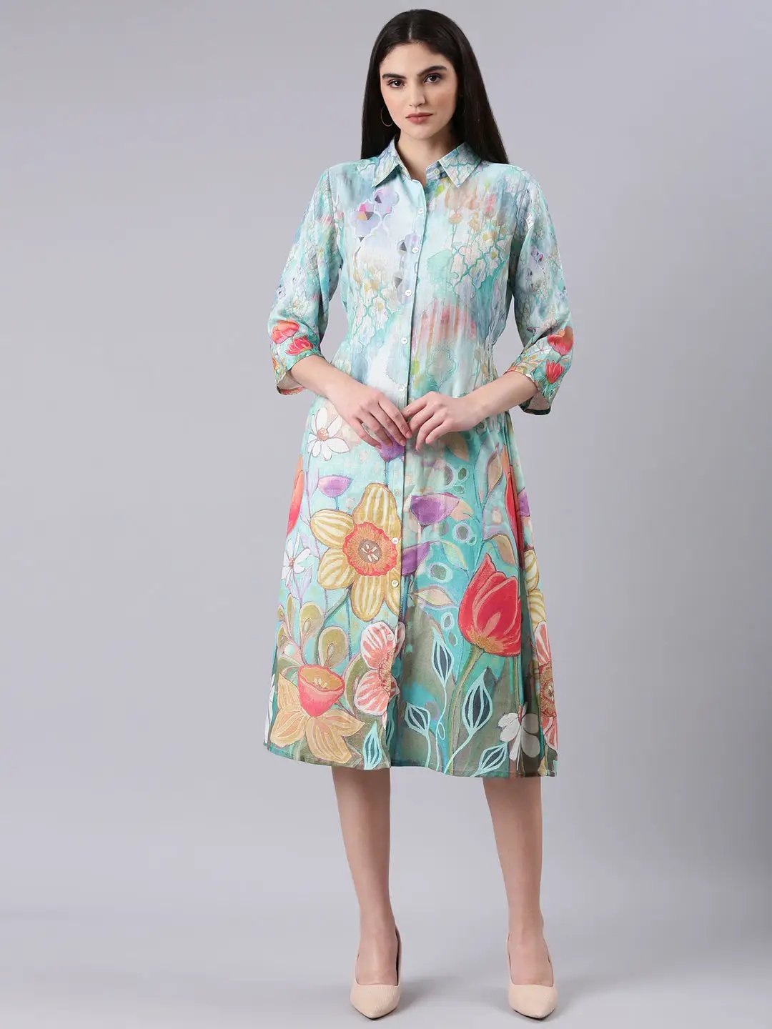 Women's Sea Green Floral Shirt Dress