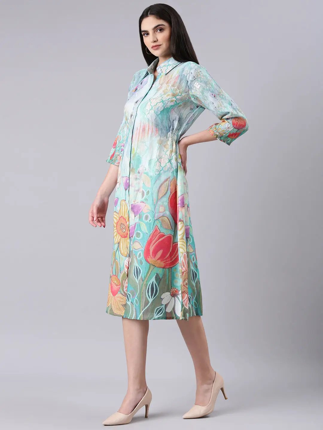 Women's Sea Green Floral Shirt Dress