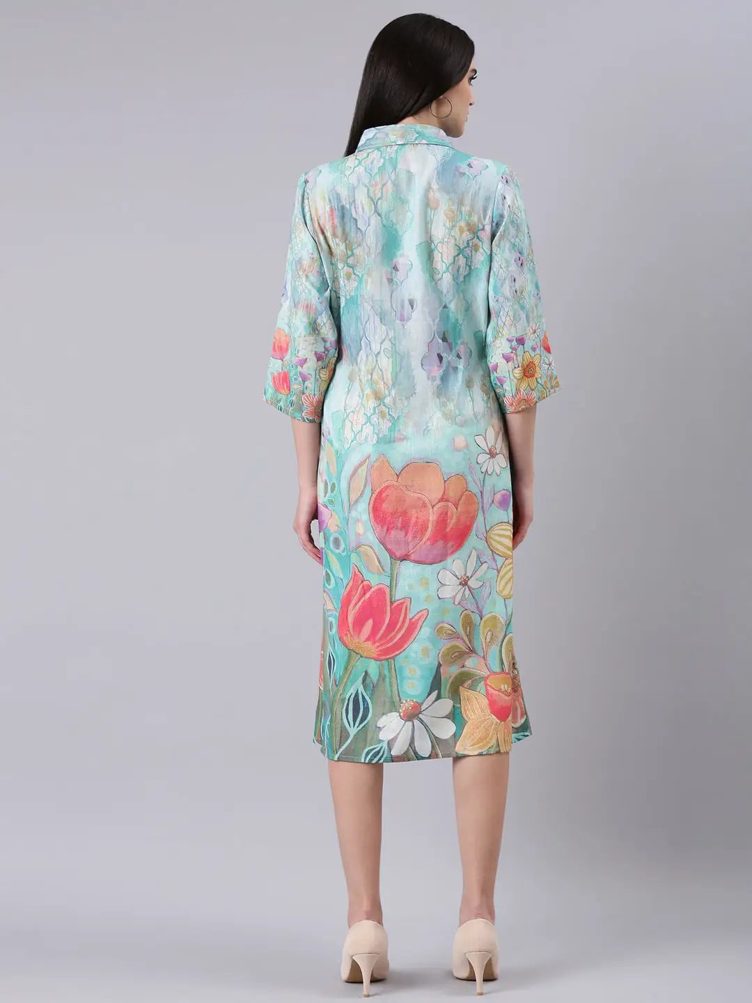 Women's Sea Green Floral Shirt Dress