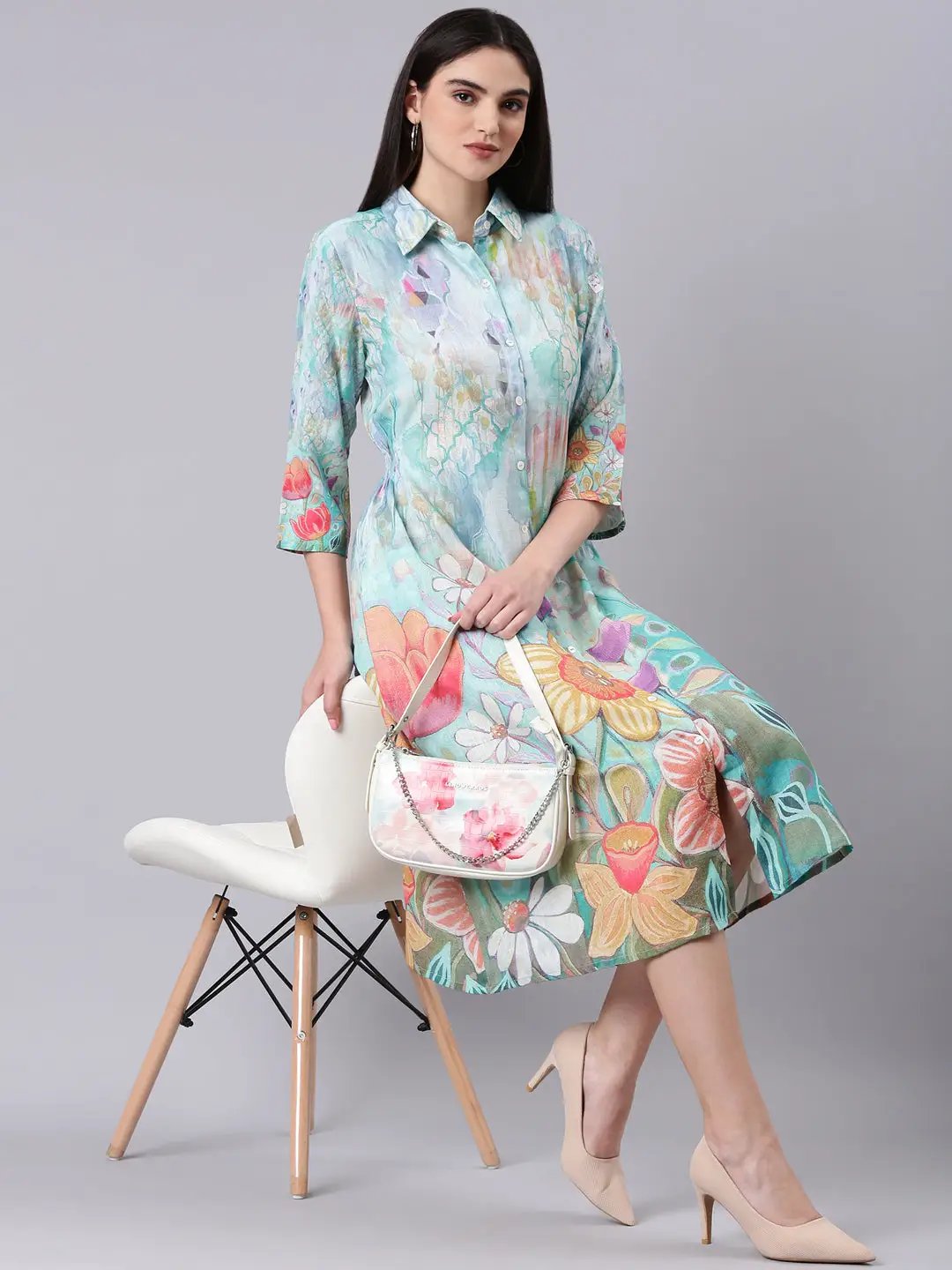 Women's Sea Green Floral Shirt Dress