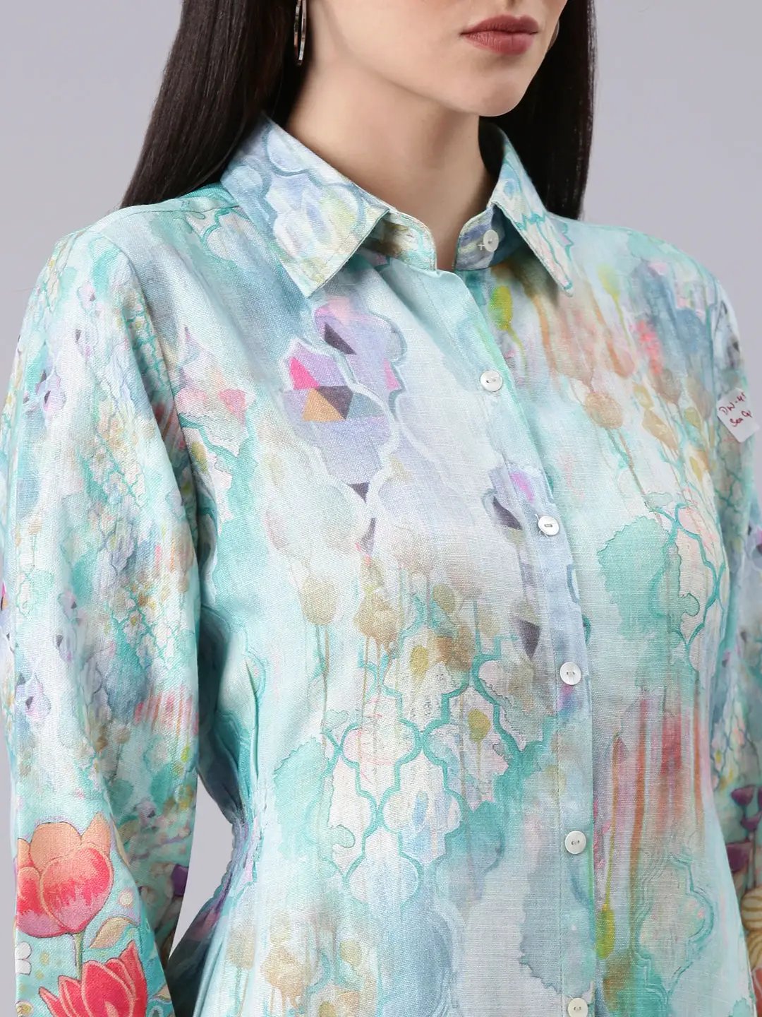 Women's Sea Green Floral Shirt Dress