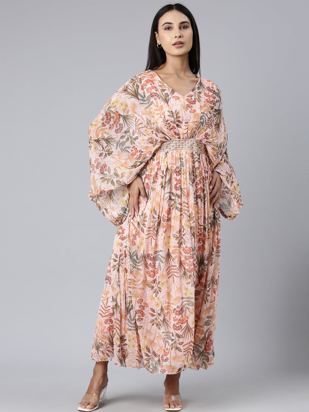 Women Peach Floral Maxi Dress