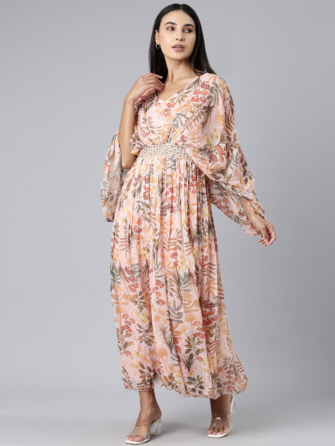 Women Peach Floral Maxi Dress