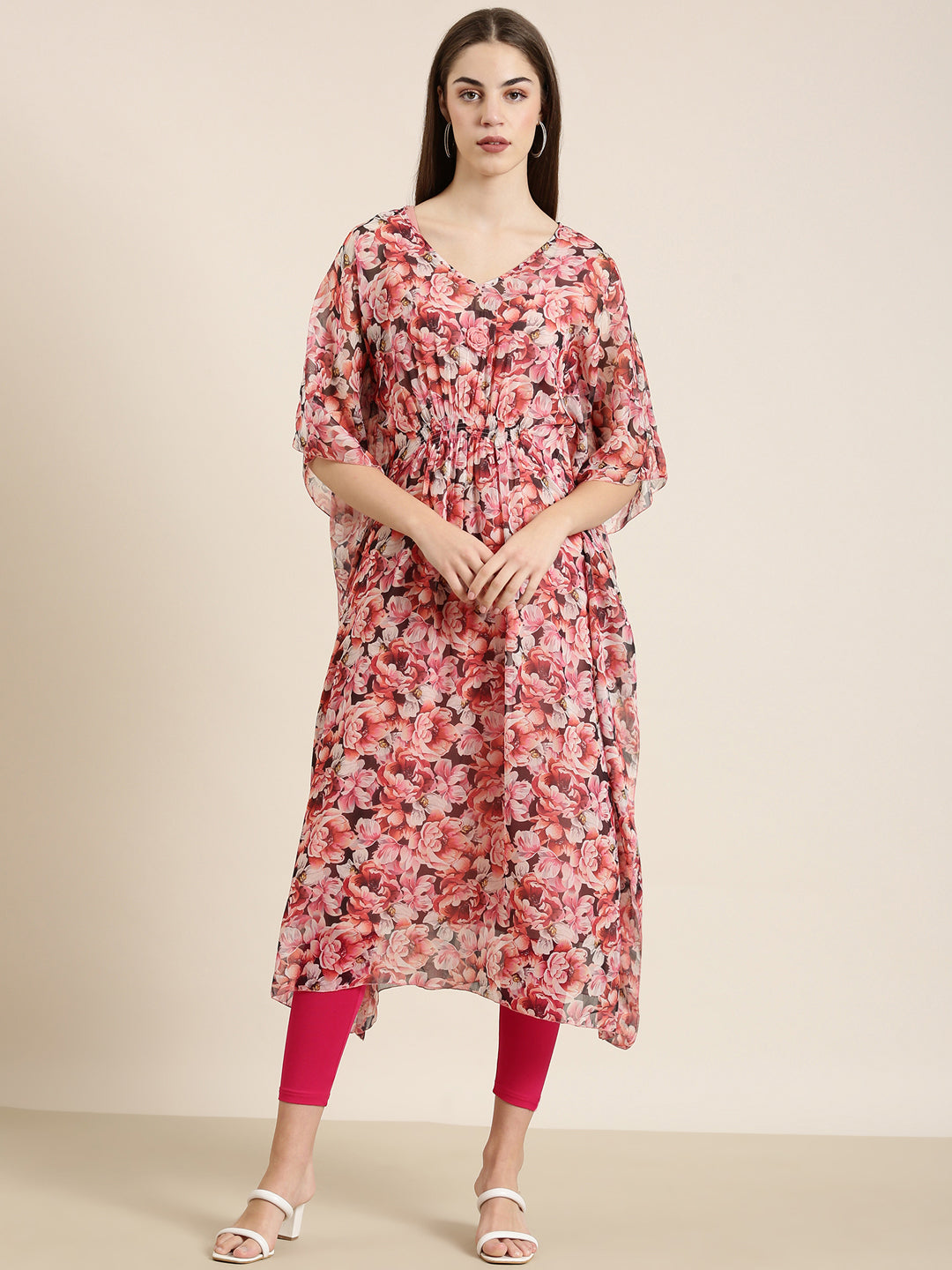 Women's Peach Floral Printed Flared Sleeves Kaftan Kurta