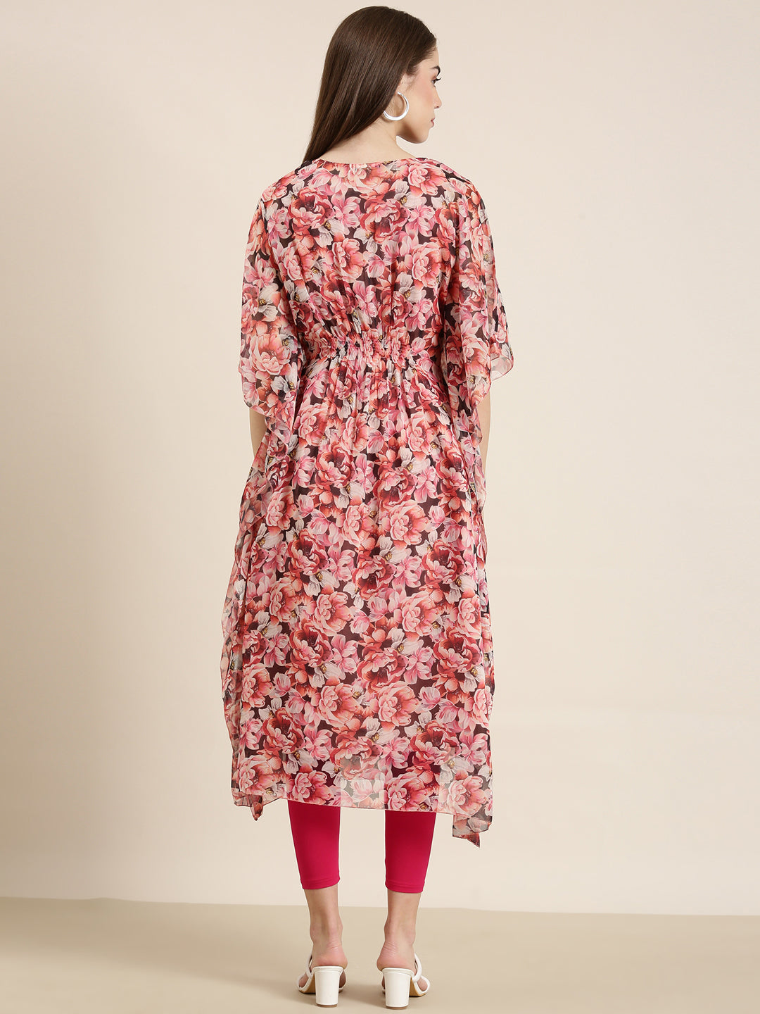 Women's Peach Floral Printed Flared Sleeves Kaftan Kurta