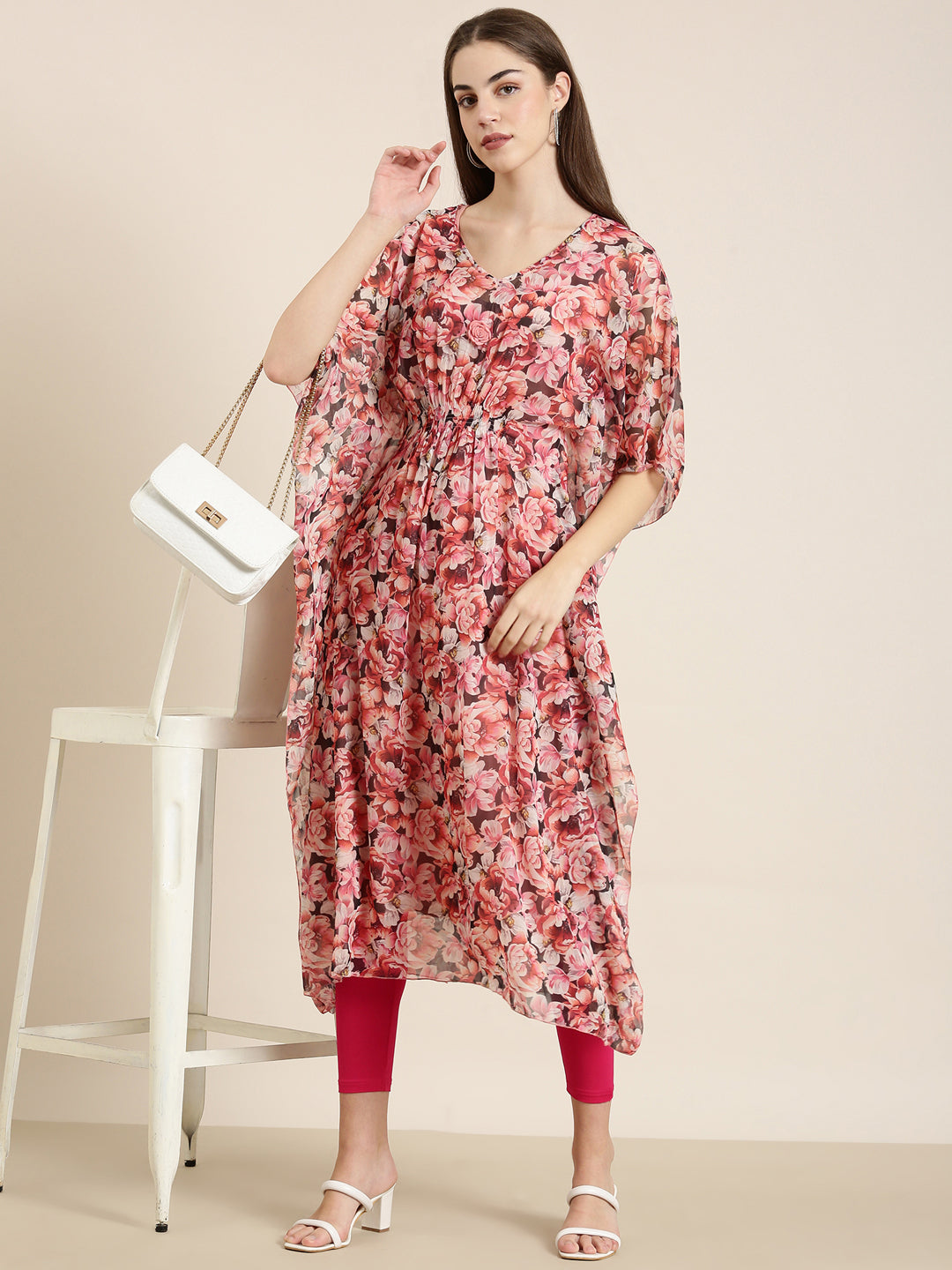 Women's Peach Floral Printed Flared Sleeves Kaftan Kurta